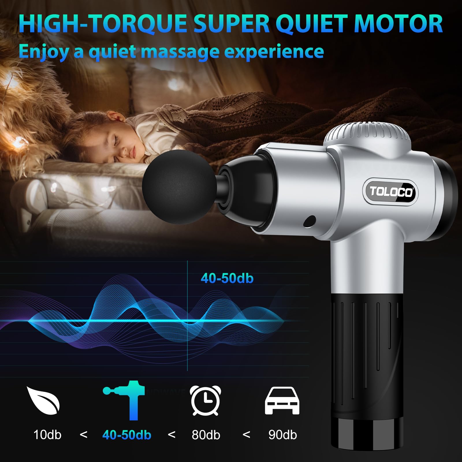 TOLOCO Massage Gun, Deep Tissue Back Massage for Athletes for Pain Relief, Percussion Massager with 10 Massages Heads & Silent Brushless Motor, Gifts for Fathers Day,: Silver
