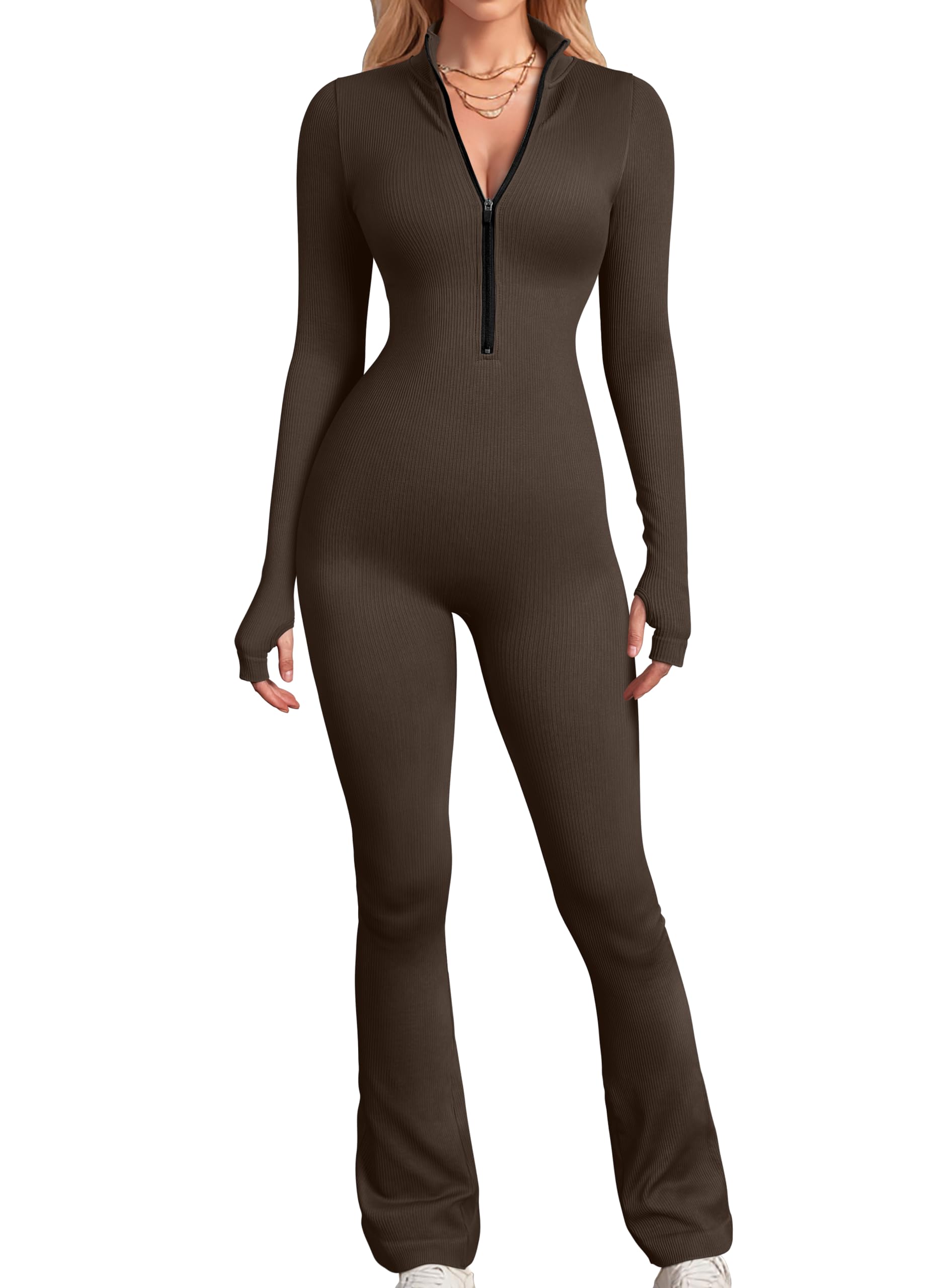 OQQ Women's Yoga Jumpsuits Ribbed Long Sleeve Zip Front Sport Bell Bottoms Flare Jumpsuits Black