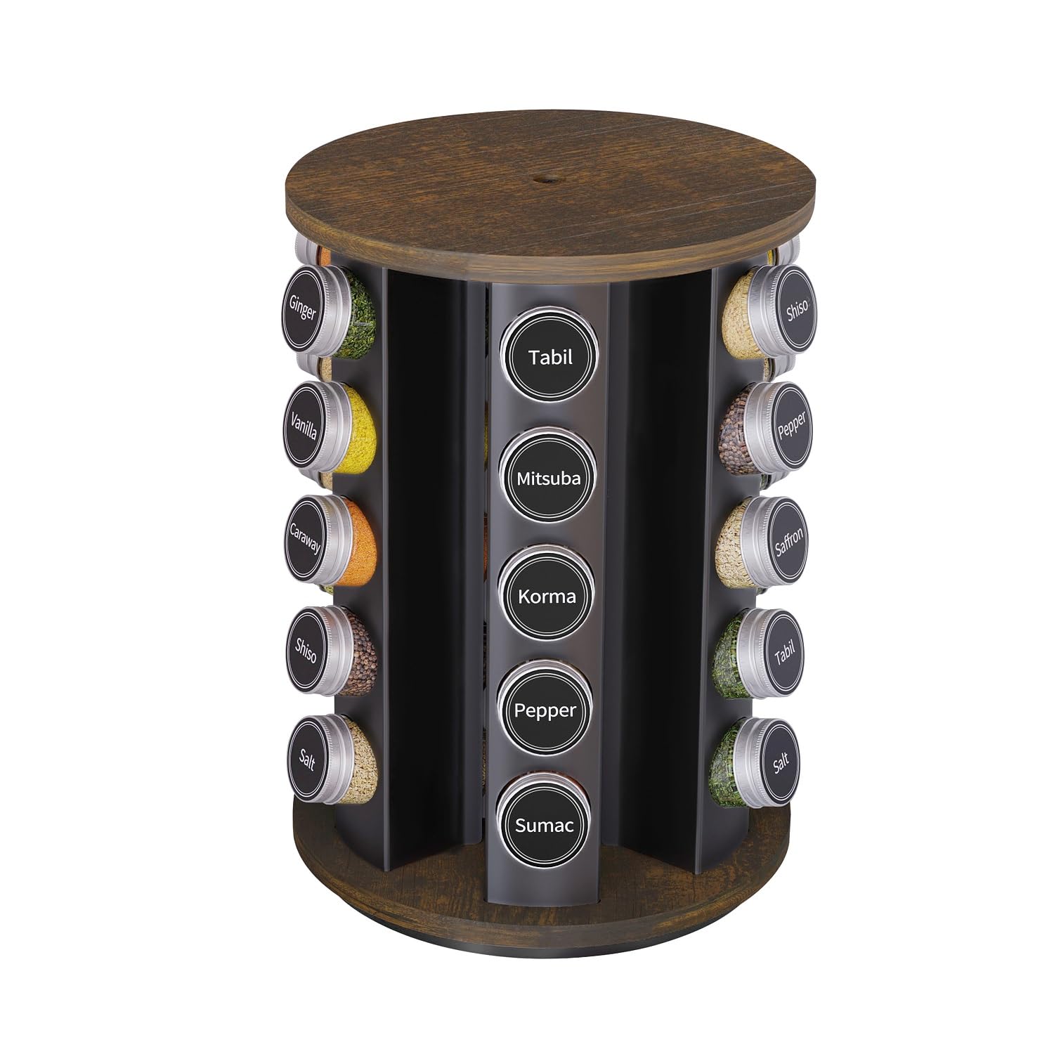 New England Stories Revolving Spice Rack Set with 20 Spice Jars, Kitchen Spice Tower Organizer for Countertop or Cabinet - Carousel Storage Includes 386 Spice Labels (Black): 30 Jars Wood