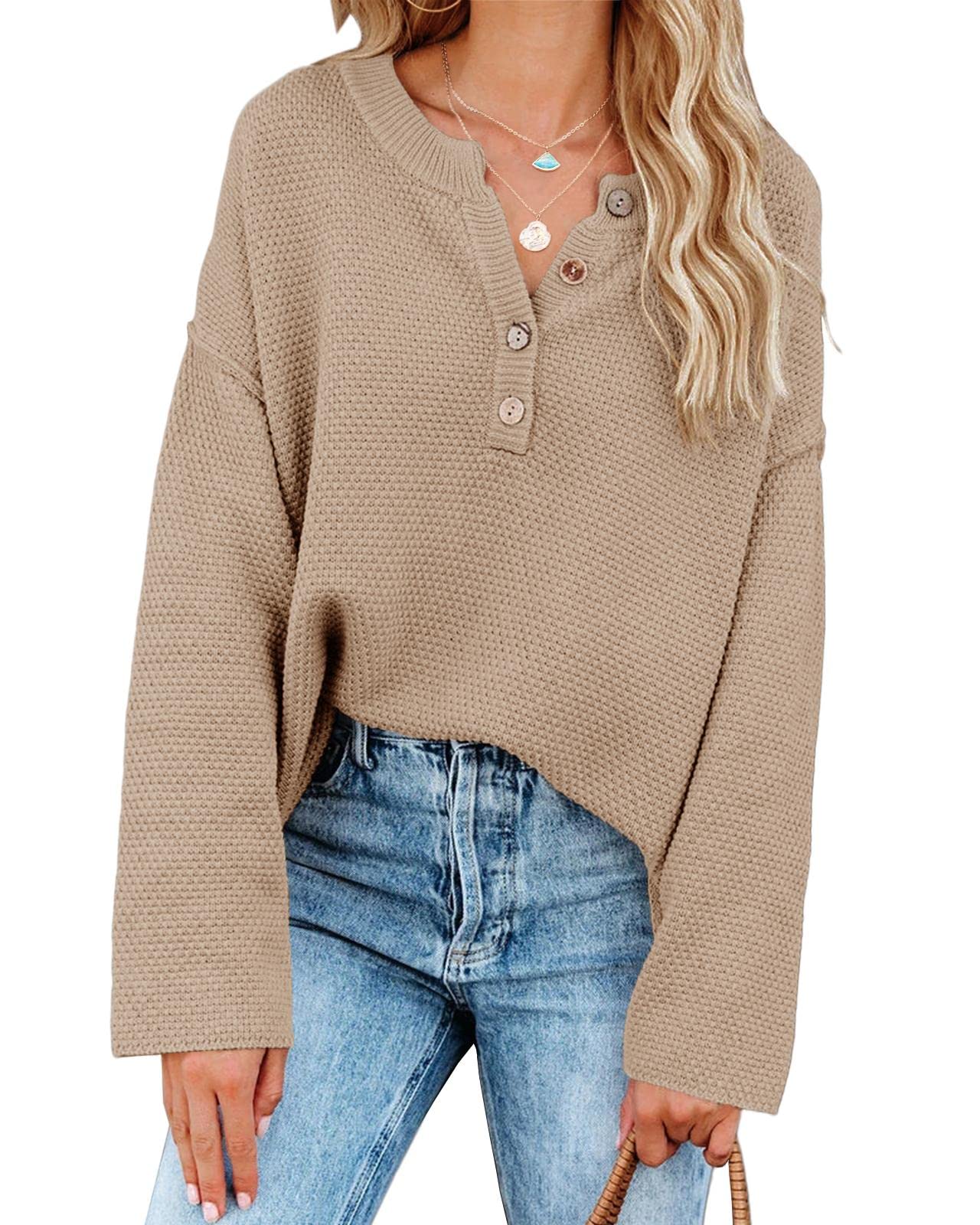 Saodimallsu Women's Oversized Sweaters Batwing Long Sleeve Loose V Neck Button Henley Tops Pullover Knit Jumper thumbnail 4