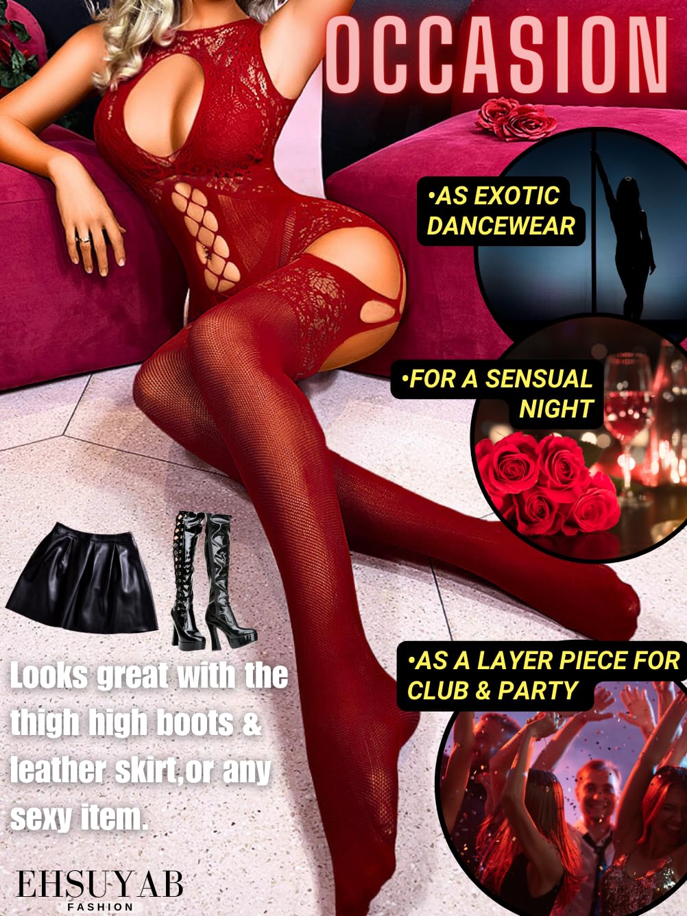 EHSUYAB Women Body Stockings Sexy, Exotic Dancer Fishnets Lingerie Glow Party, Fishnet Bodysuit Rave Outfits Club Plus Size: Burgundy