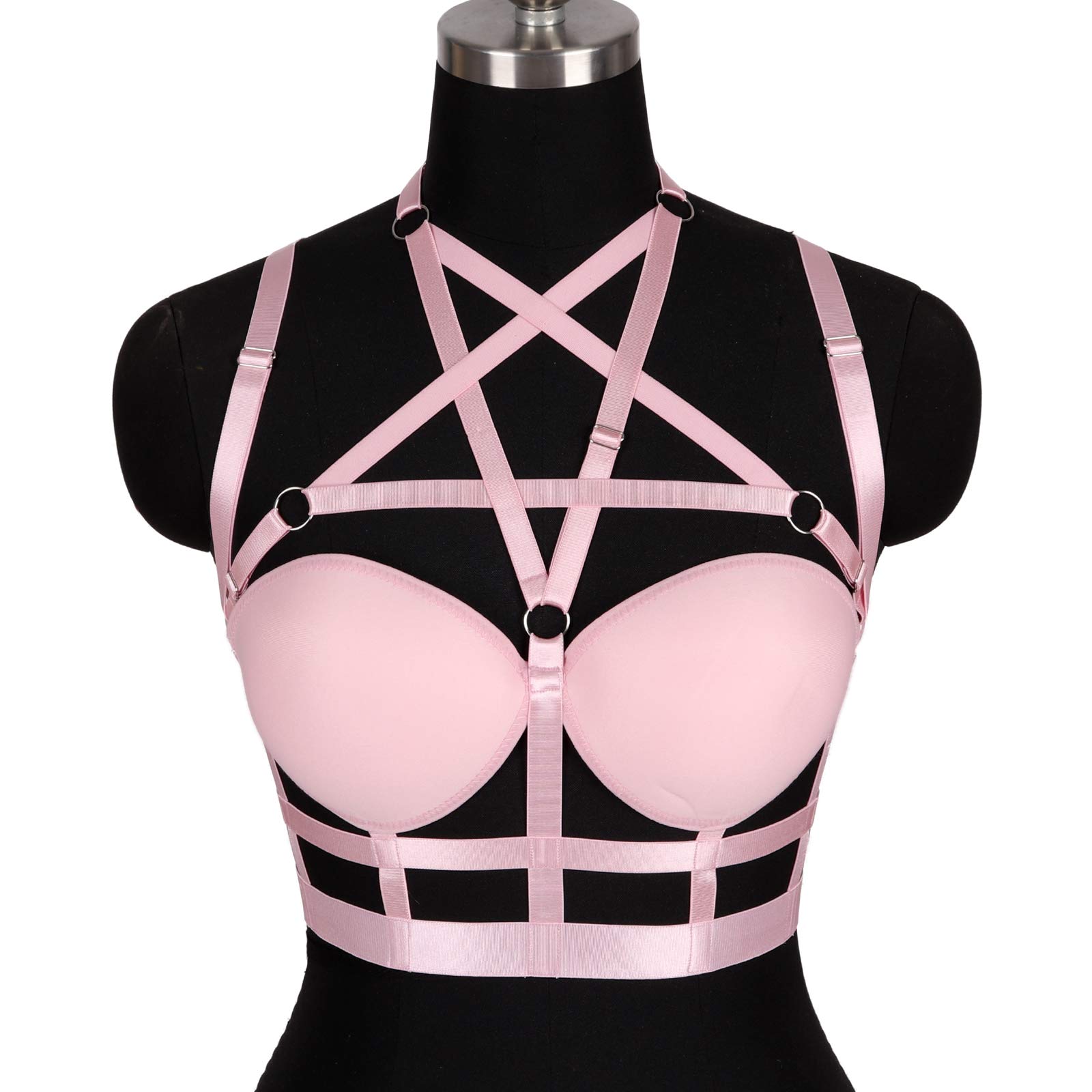 Woman's Body Harness Bra Lingerie cage Punk Goth Plus Size Festival Rave Pentagram Chest Strap Belt: Pink