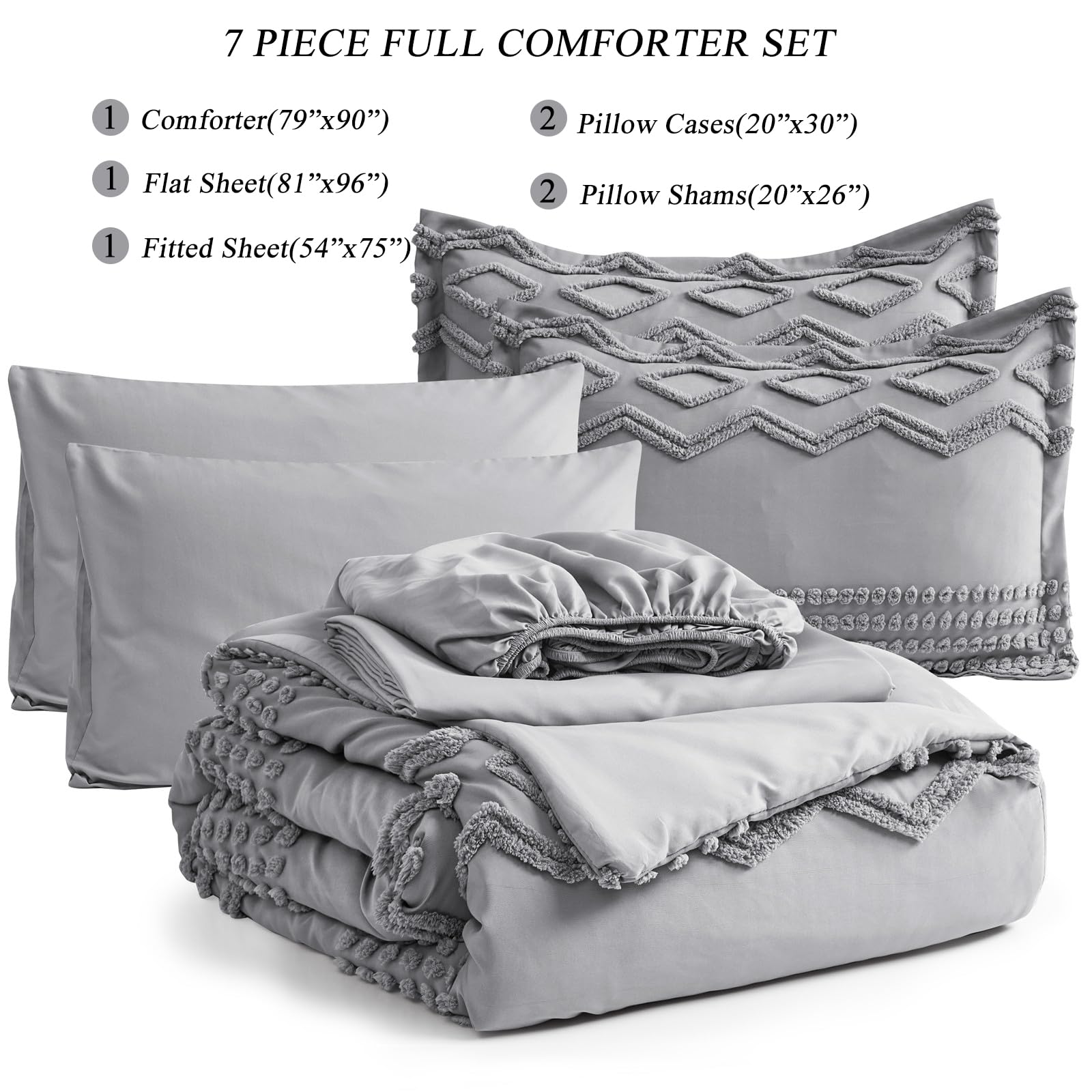 Sage Green Tufted Comforter Set Queen Size 7 Piece Bed in a Bag, Shabby Chic Boho Comforter and Sheet Set, Pom Pom Textured Bed Set, All Season Soft Microfiber Complete Bedding Set(Green,Queen)
