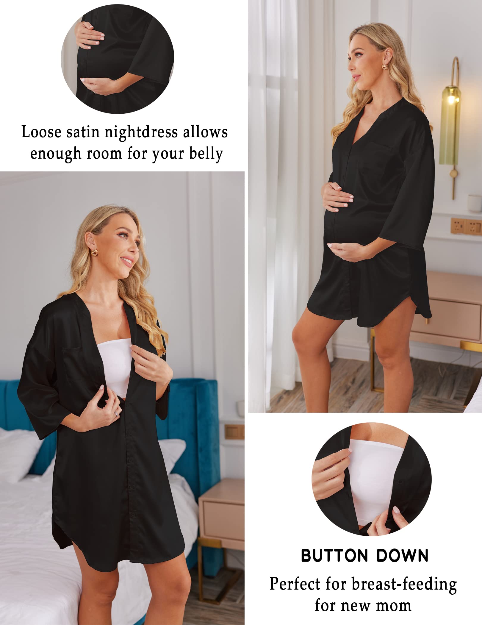 Ekouaer Satin Nightgowns for Women Silk Sleepwear Button Down Sleepshirt 3/4 Sleeve V-Neck Nightshirts with Pockets: Small 01 Black