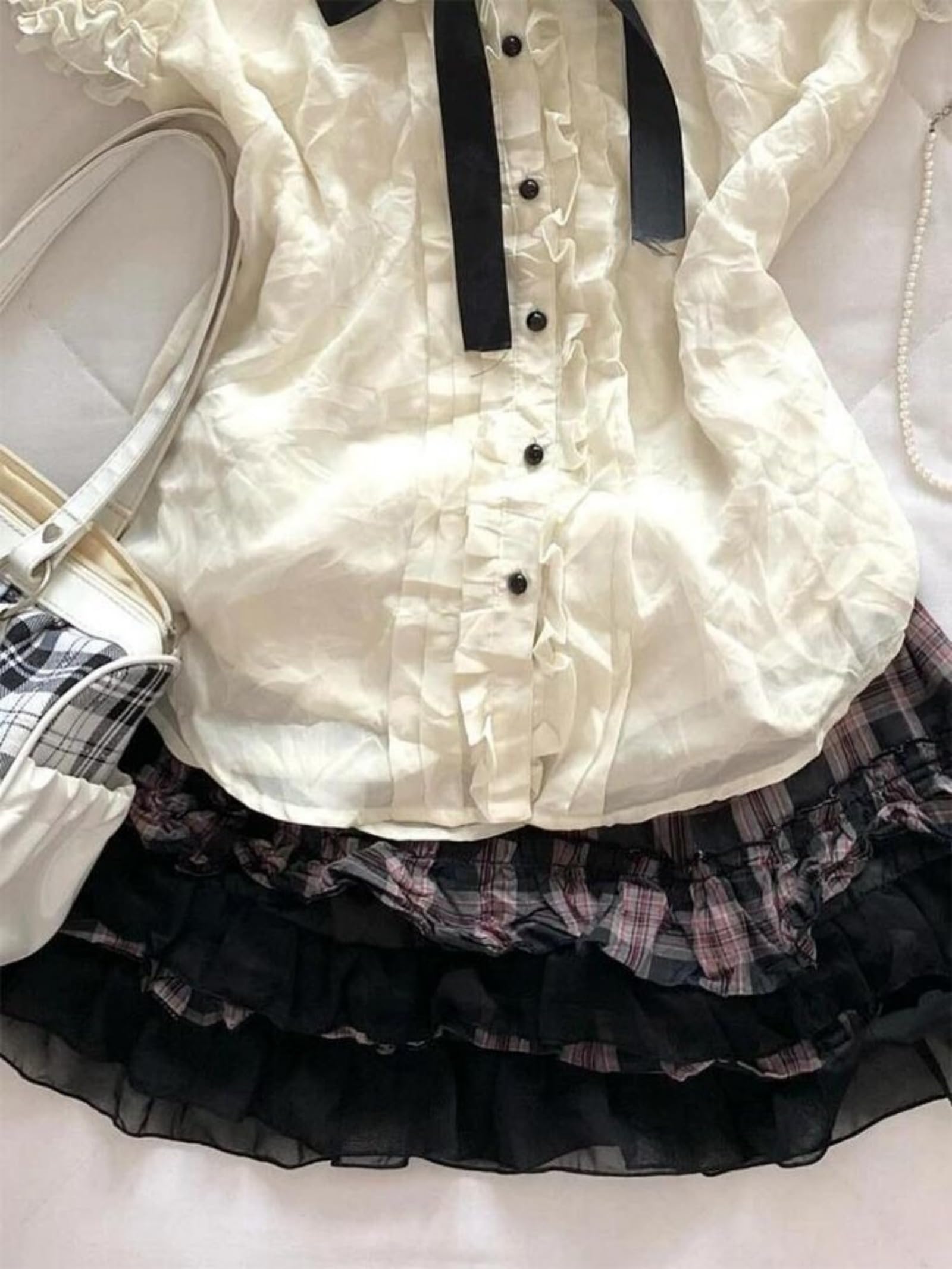 Wayolyn Lolita Shirts Kawaii Cute Clothes Blouse Lace Short Jirai Kei Fashion Puff Sleeve Shirt Ruffle Top with Bow Cutecore