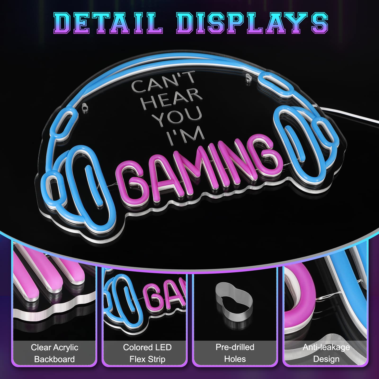 Gaming Neon Sign, Large Bright and Dimmable Colored LED Headset Gamer Neon Light and USB Powered Headphone Lightup Game Signs for Game Zone Video Room Boy Bedroom Wall Decor (): Can't Hear You I'm Gaming