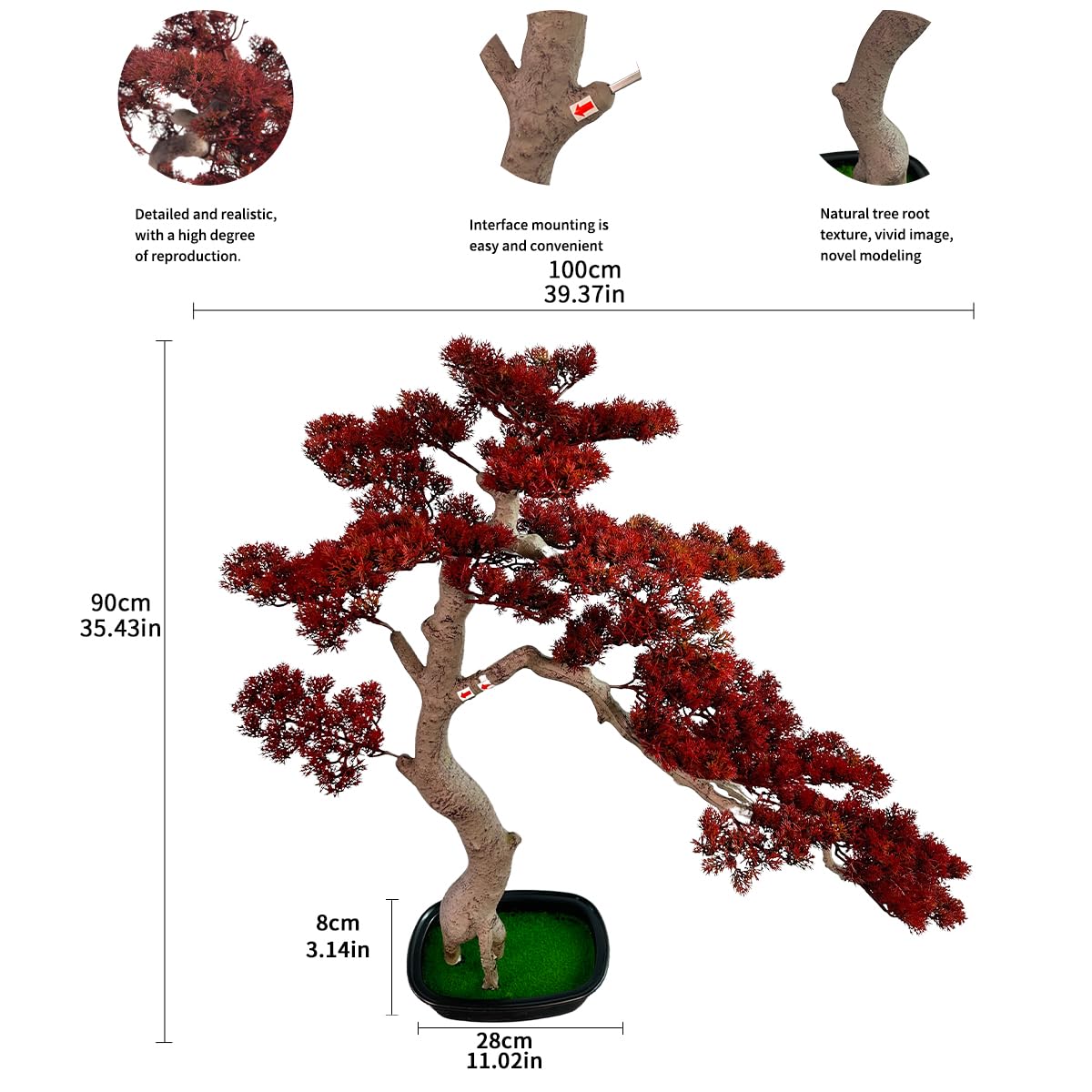 VIGGDA 3ft（43in） Artificial Bonsai Tree Juniper Faux Plants Indoor Big Fake Plants Decor with Ceramic Pots for Home Table Office Desk Bathroom Shelf Bedroom Living Room Farmhouse Decorations: Red