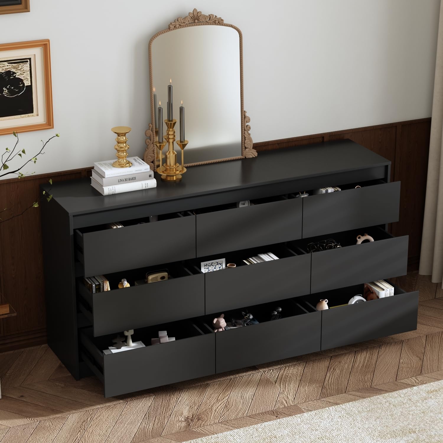 Hitow 9 Drawer Dresser for Bedroom with Deep Drawers, Large Floor Wood Dressers & Chest of Drawers Handle Free, Modern White Long Dressers for Closet Living Room, Euro Slide (63"W x 15.7"D x 31.5"H) thumbnail 3