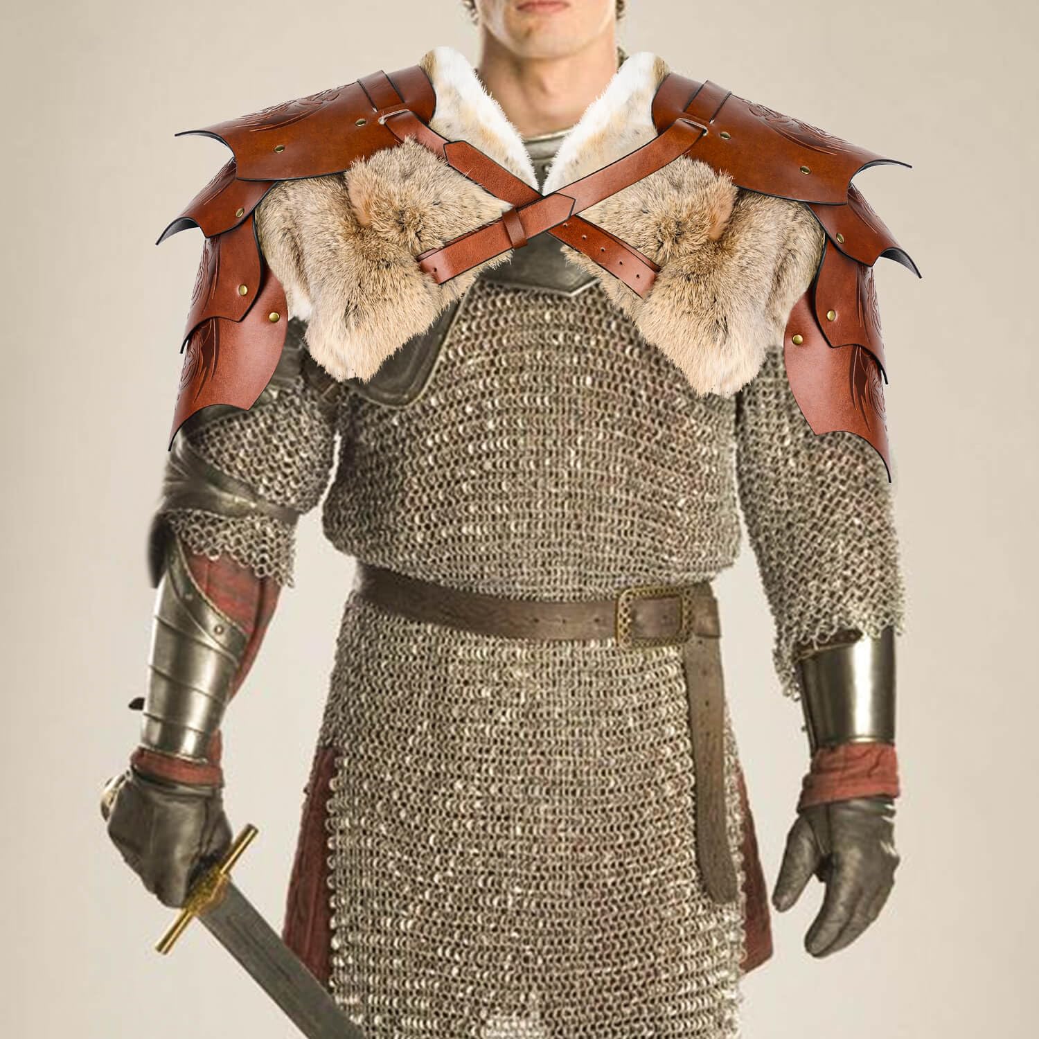 Viking Fur Shoulder Armor,Medieval Faux Leather Armor Renaissance Accessories Knight Armor for LARP/Cosplay Ren Faire