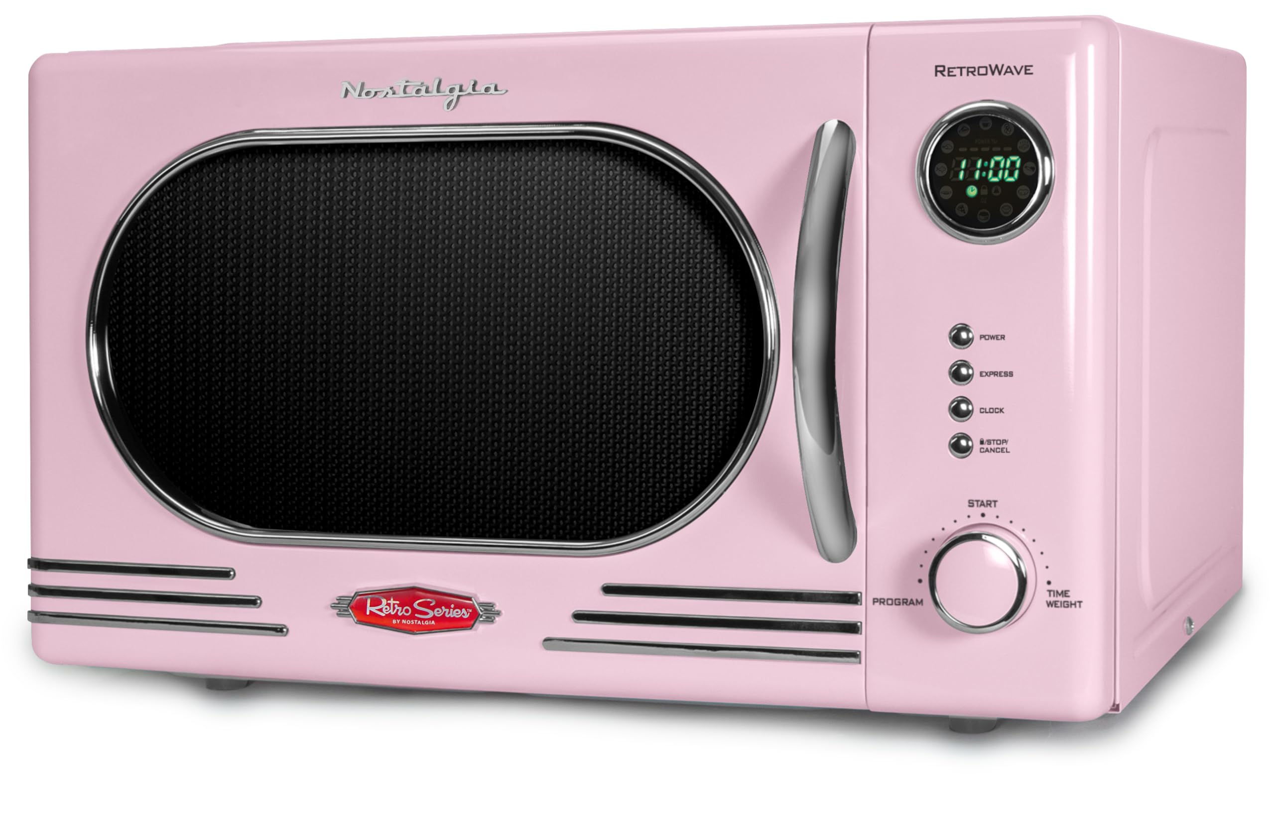 Nostalgia NRMO11PK6A 1000 Watt Power Retro Countertop Microwave Oven Easy to Clean with Removable Glass Turntable-Child Safety Lock-12 Programs-Digital Clock, 1.1 Cu Ft, Pink