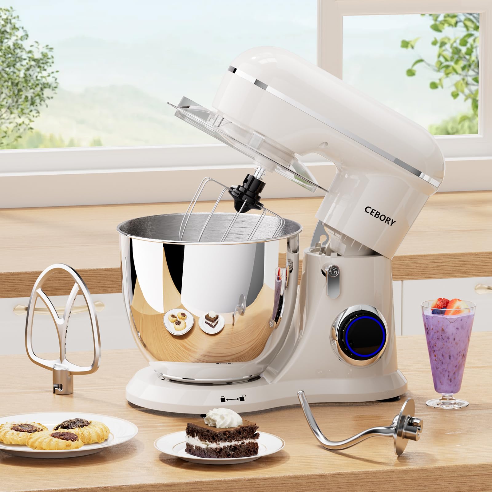 CEBORY 3-IN-1 Electric Stand Mixer, 6.5QT Bowl 660W 10-Speed Kitchen Mixer, Household Food Mixers include Dough Hook, Beater and Whisk, Bread Cake Mixer for Baking and Most Home Cooks,: Almond Cream