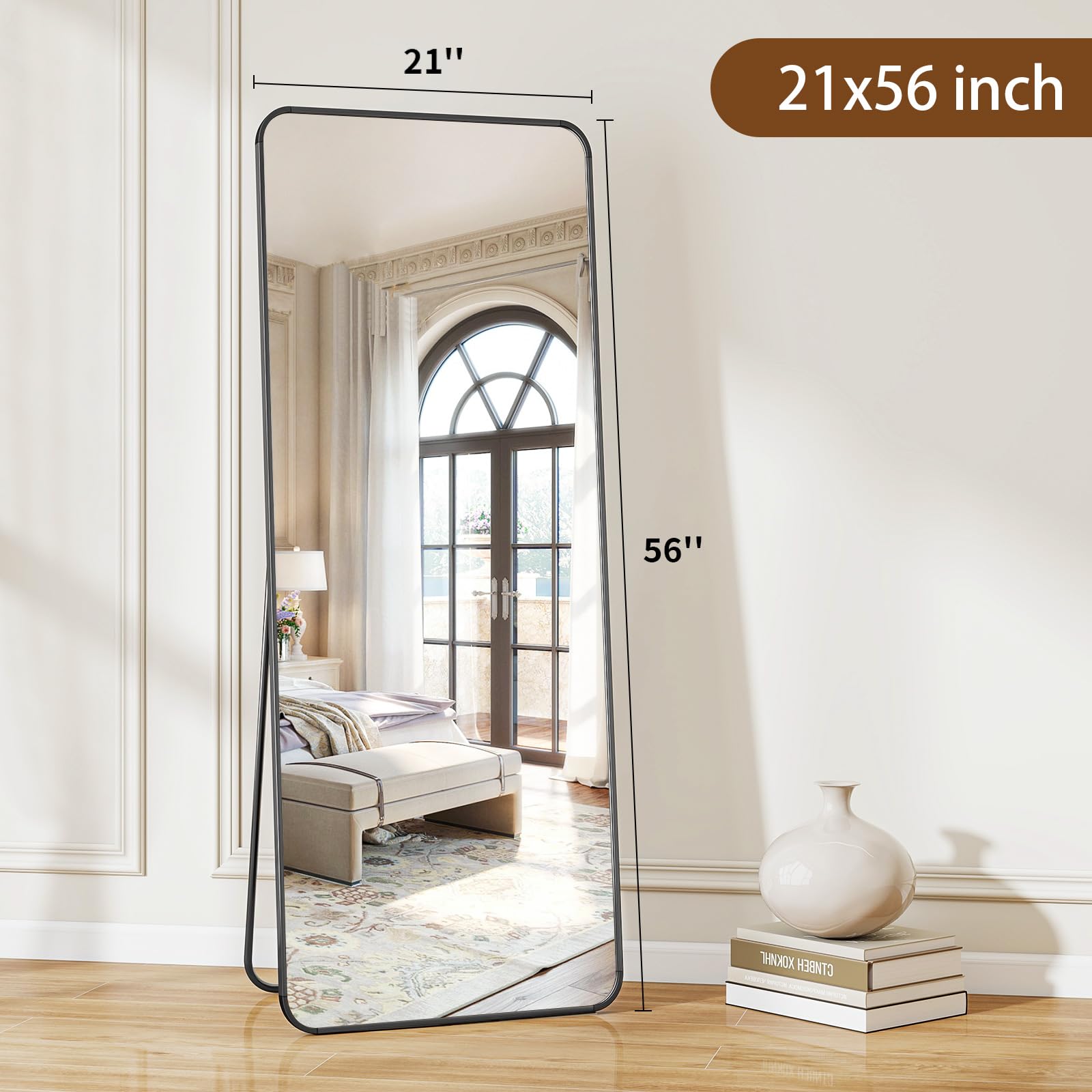BEAUTYPEAK Black Full Length Mirror, 56"x21" Rounded Corner Floor Mirror Standing Hanging or Leaning Against Wall, Suitable for Bedroom or Dressing Room: 56"L x 21"W Black