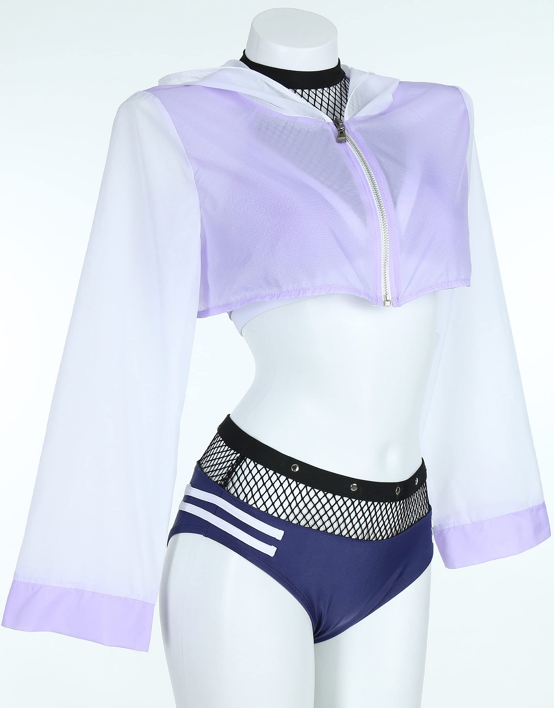 haikyuu Women Anime Derivative Bikini Set with Cover Up Jacket Halter Mesh Top and Shorts Two Piece Bathing Suit