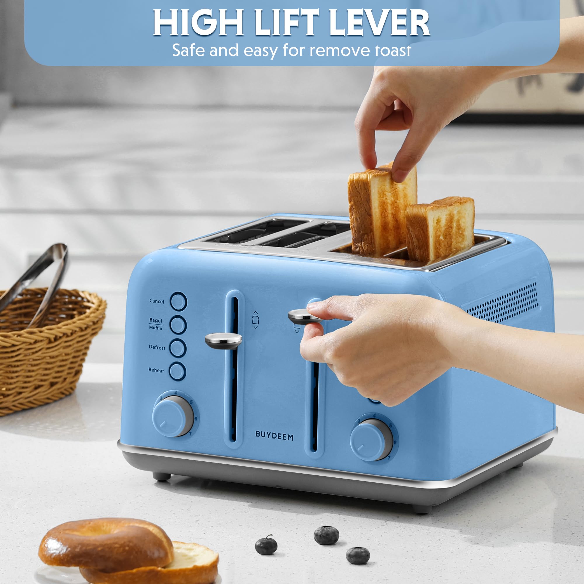 BUYDEEM DT640 4-Slice Toaster, Extra Wide Slots, Retro Stainless Steel with High Lift Lever, Bagel and Muffin Function, Removal Crumb Tray, 7-Shade Settings,