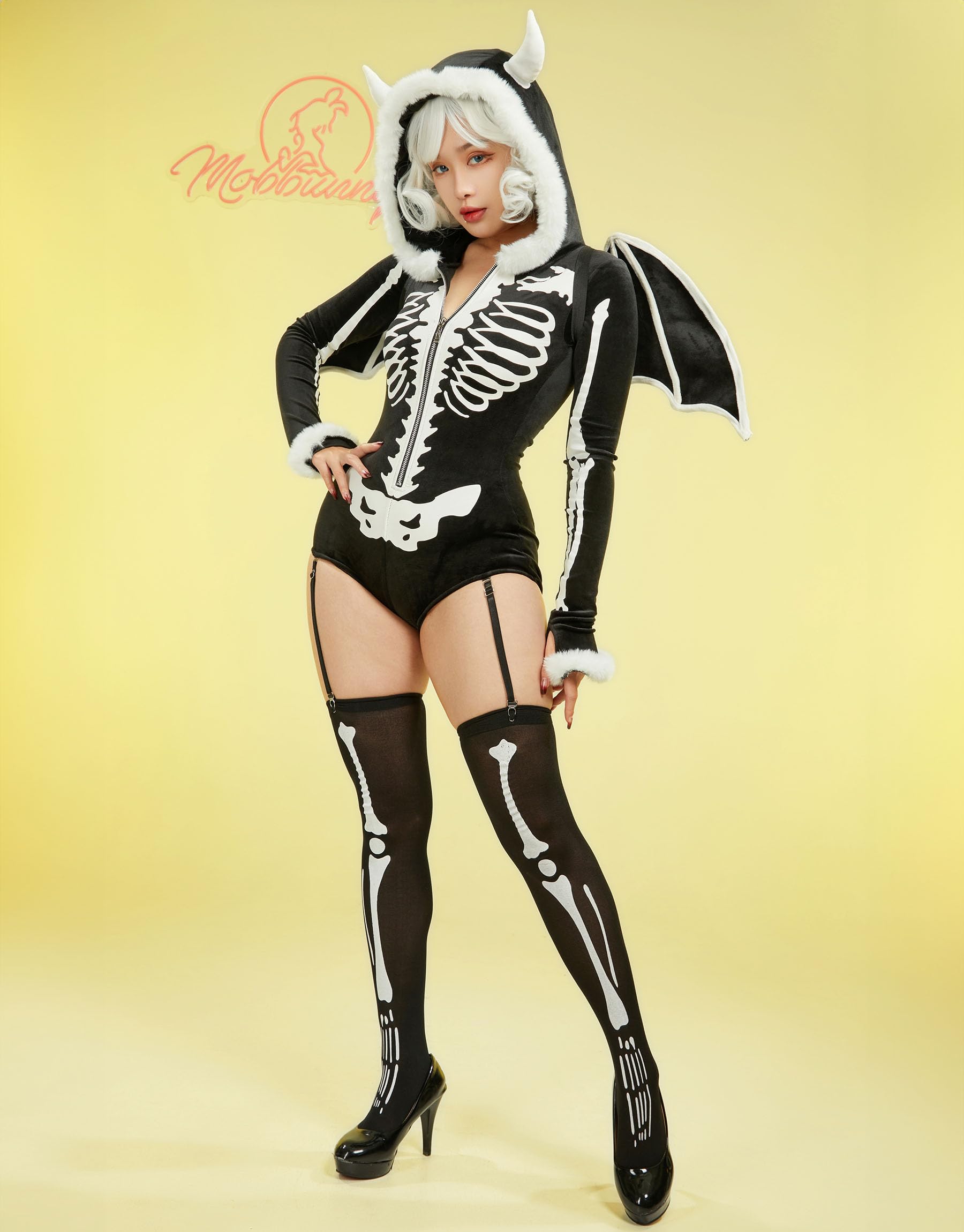Mobbunny Women's Gothic Skull Style Romper Onesie Pajamas Halloween Skeleton Costume with Wings Hooded Short Jumpsuit: Small