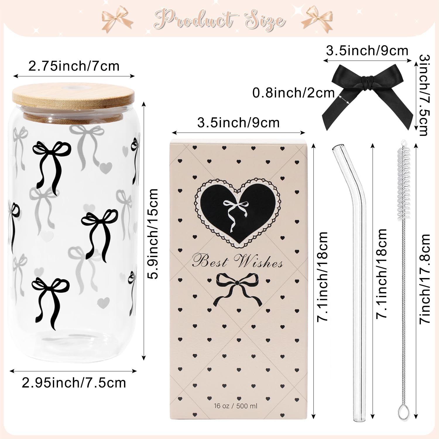 LANGASQUE Coquette  Bow Aesthetic Cup With Gift Box 16oz Glass Cup with Lids Straws and Black Bow Iced Coffee Smoothie Cute Tumbler with Cleaning Brush for Girls Bestfriend Sister Girlfriend: Black