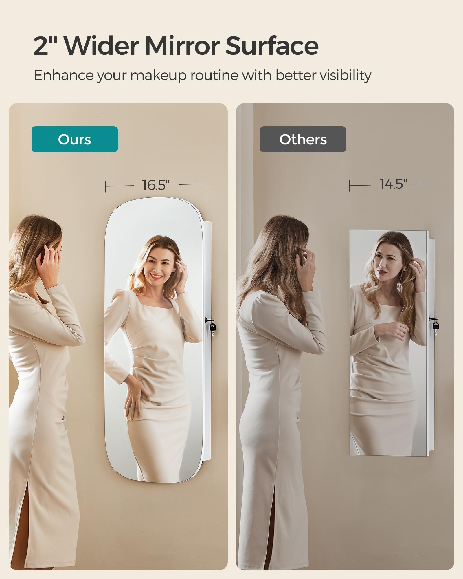 SONGMICS Jewelry Organizer, LED Jewelry Cabinet Wall or Door Mounted, Lockable Rounded Wide Mirror with Storage, Interior Mirror, 3.9 x 16.5 x 42.5 Inches, White Surface with Greige Lining UJJC026W01