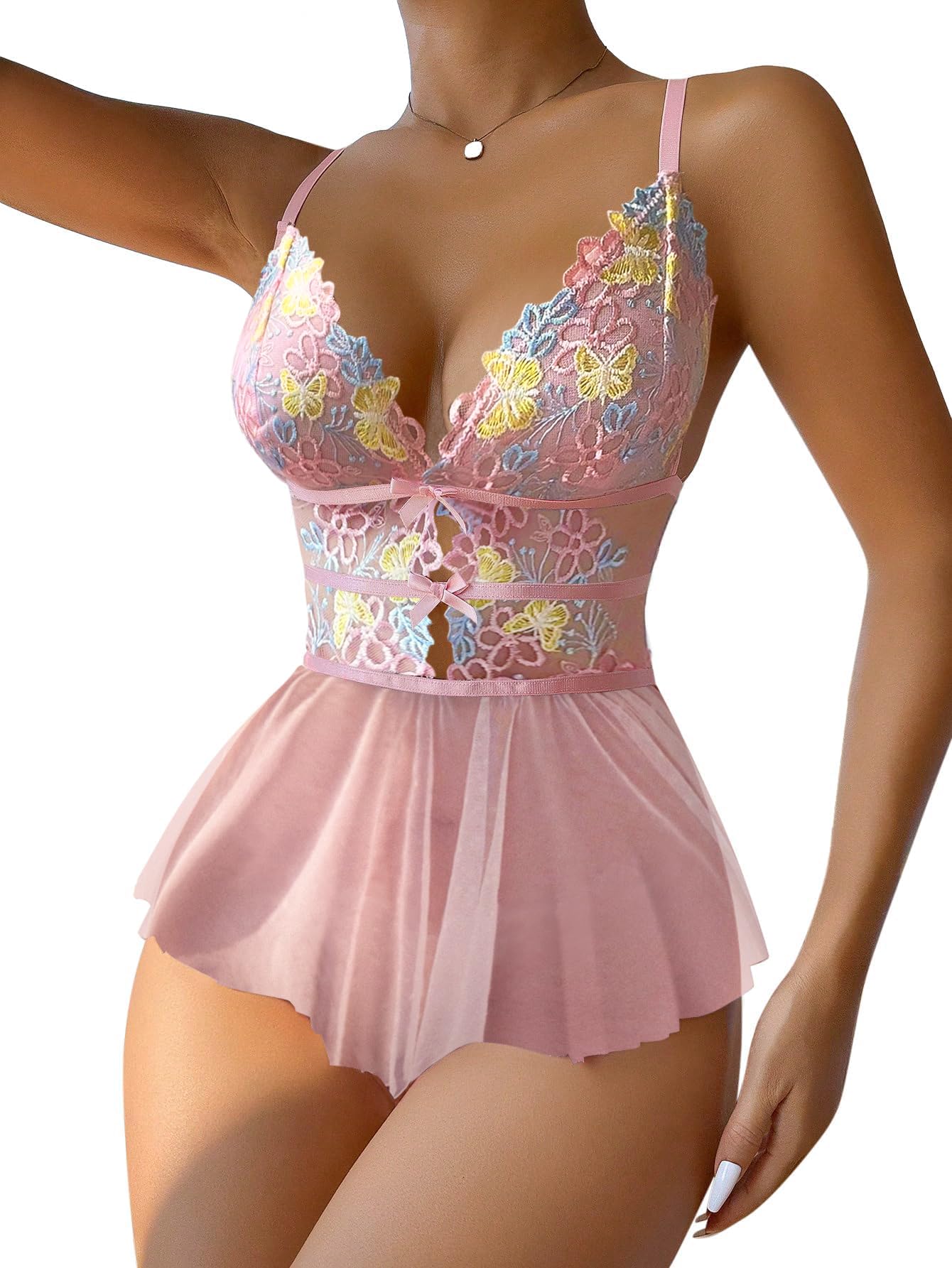 Lilosy Sexy Bows Floral Lace Mesh Babydoll Lingerie Romper: X-Large Pink Embroidery