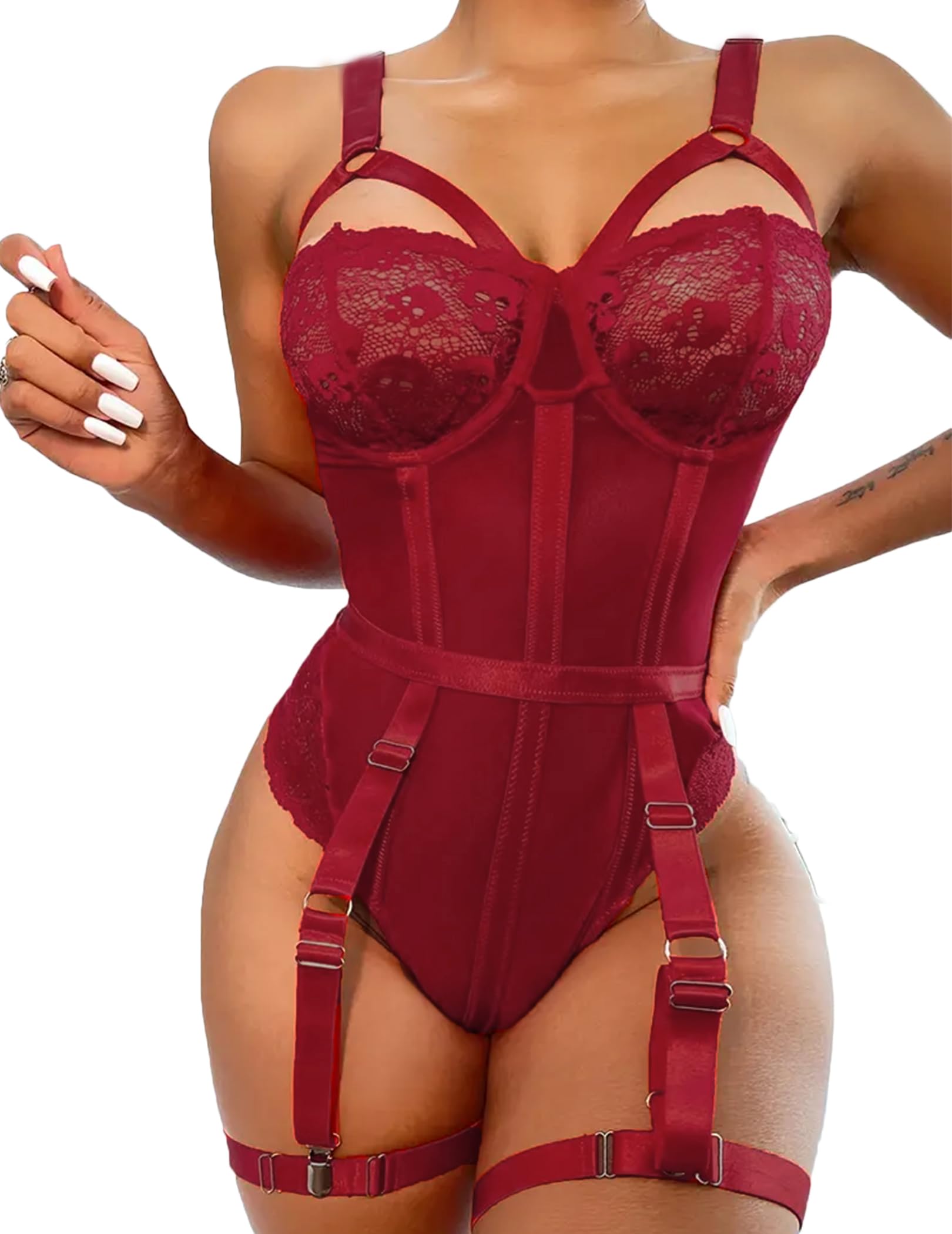 Avidlove Lingerie Sets for Women Sexy Lace Skull Corset with Garter Belt One Piece Teddy Bodysuit: Large Burgundy