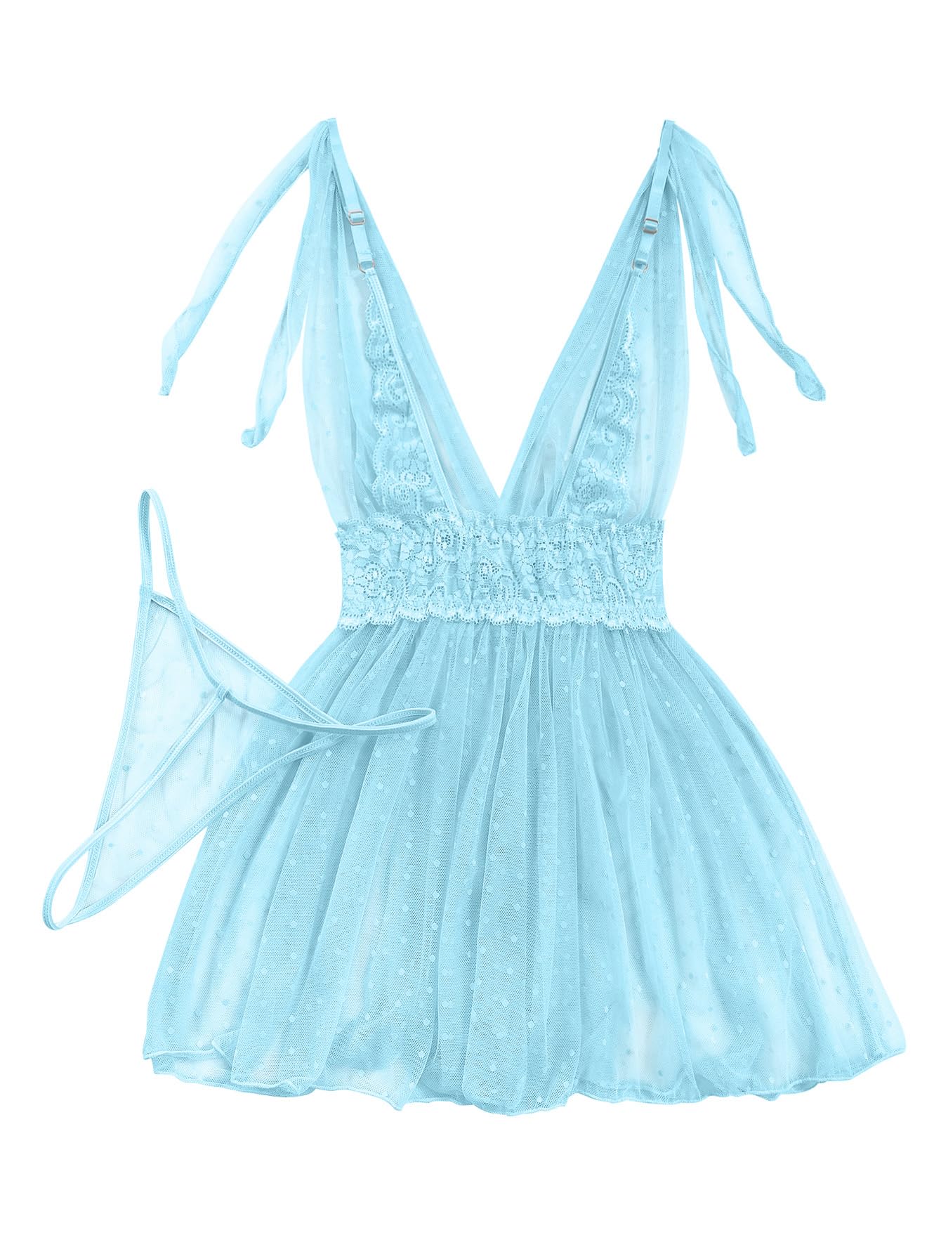 Lilosy Sexy Polka Dots Mesh Sheer Lace Babydoll Chemise Lingerie Set Floral Lace Sleep Wear: Large Light Blue
