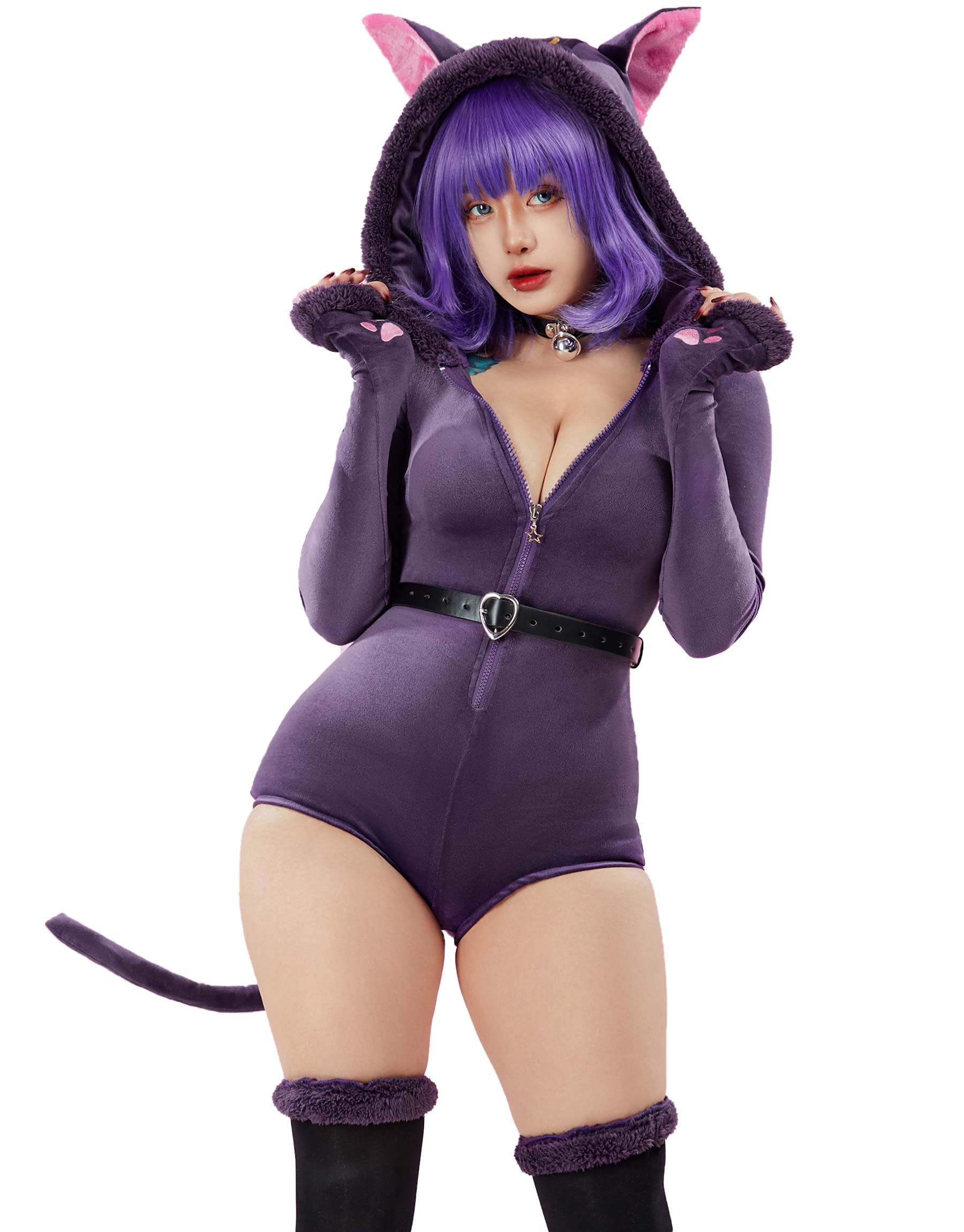 Mobbunny Women's Cute Fluffy Romper Purple Fuzzy Onesie Pajamas Furry Hooded Bodysuit Homewear Jumpsuit: Small Purple