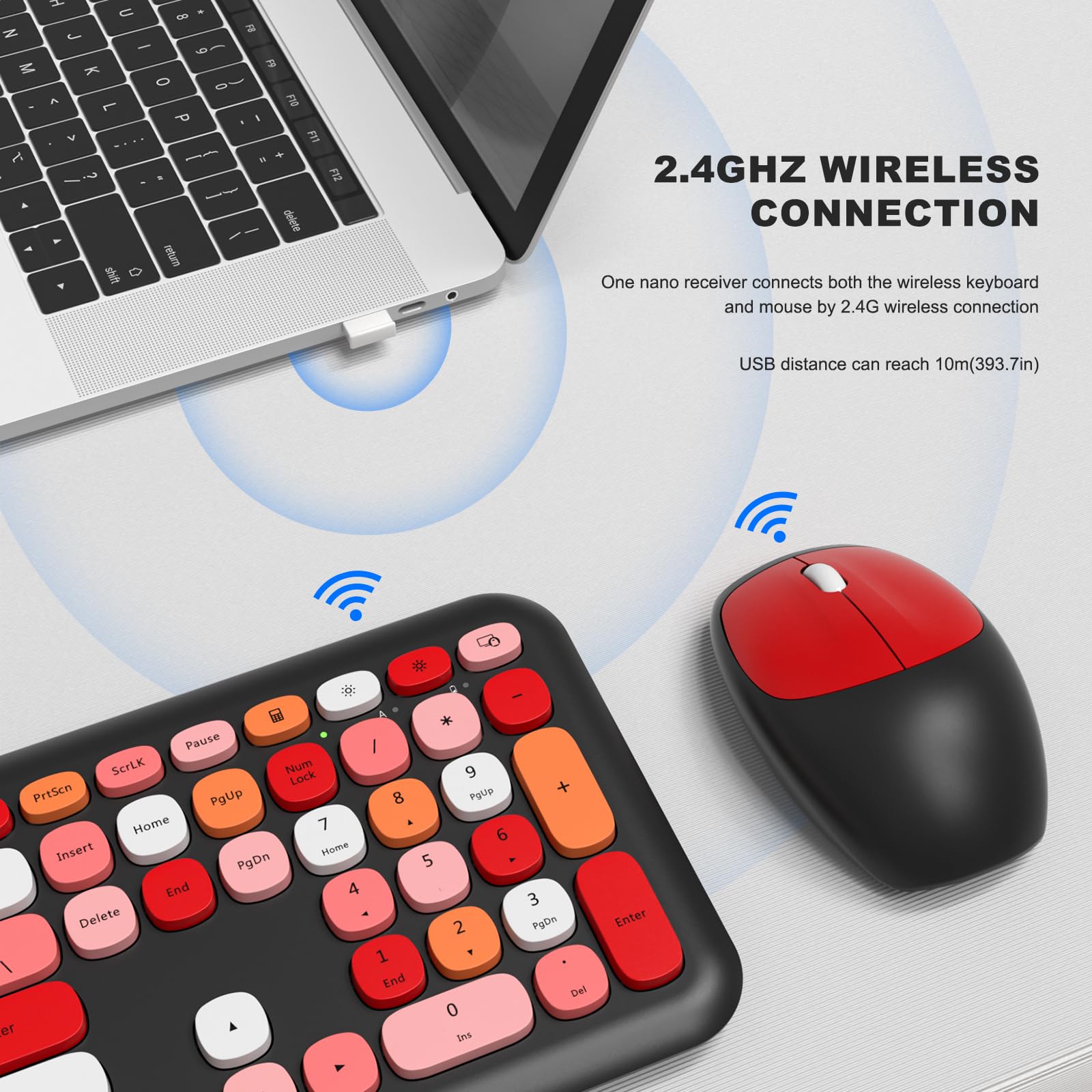 MOFII Wireless Keyboard and Mouse Combo,2.4GHz Retro Full-Size Keyboard with Number Pad and Cute Wireless Mouse for Computer PC Desktops Laptop WindowsxP/7/8/10(): Black Colorful