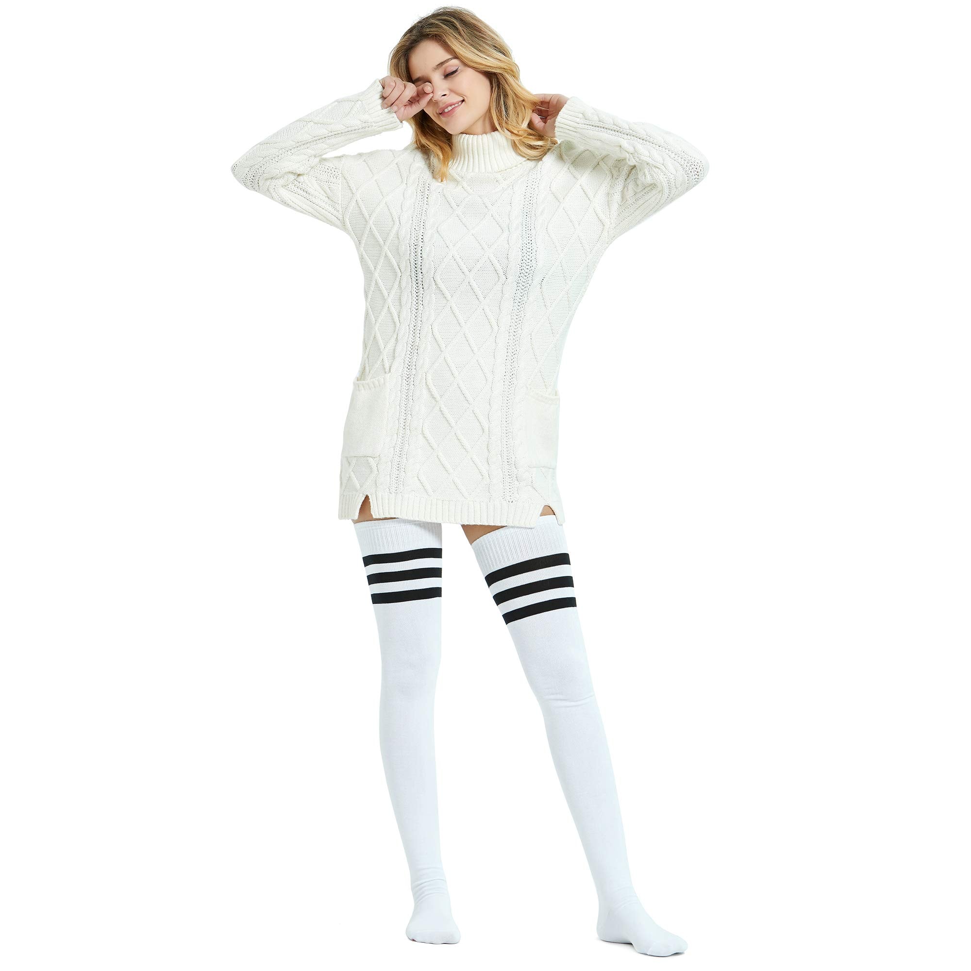 Kayhoma Extra Long Cotton Stripe Thigh High Socks Over the Knee High Plus Size Stockings…: White