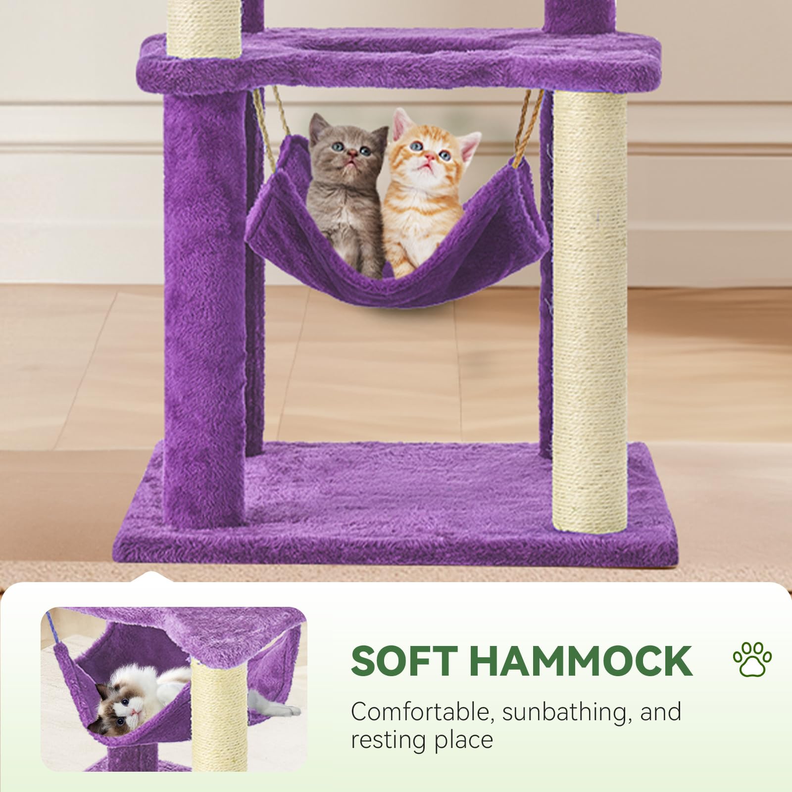 TSCOMON 61" Large Cat Tree Tower for Indoor Cats with DIY Green Leaves Scratching Post Multi Soft Hang Ball Plush Cat House Furniture 360° Rotating Cat Scratch Board with Hammock, Purple