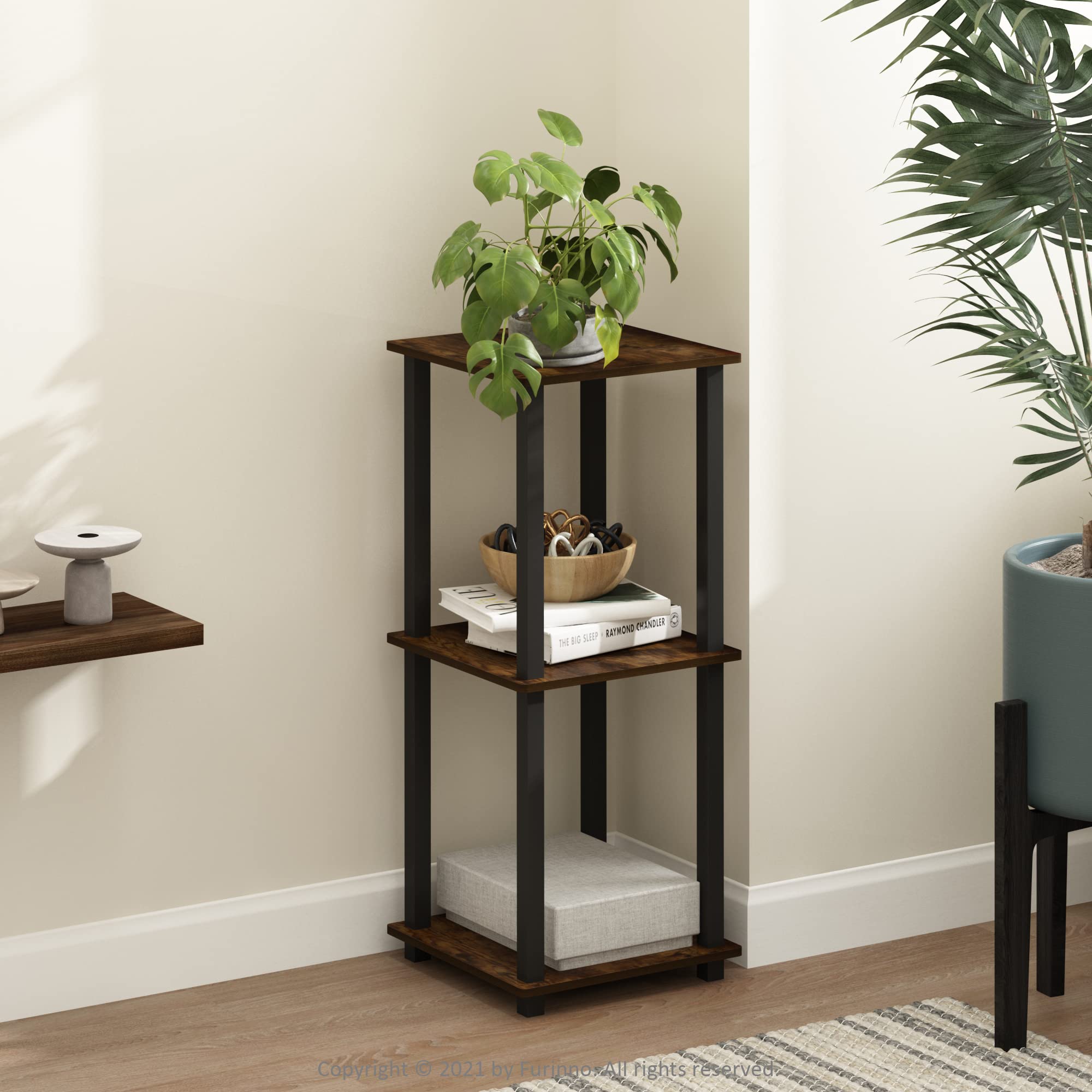 Furinno Simplistic Set of 2 End Table, Espresso/Black: Amber Pine/Black 2-Pack, Plastic Pole 15.6 x 15.6