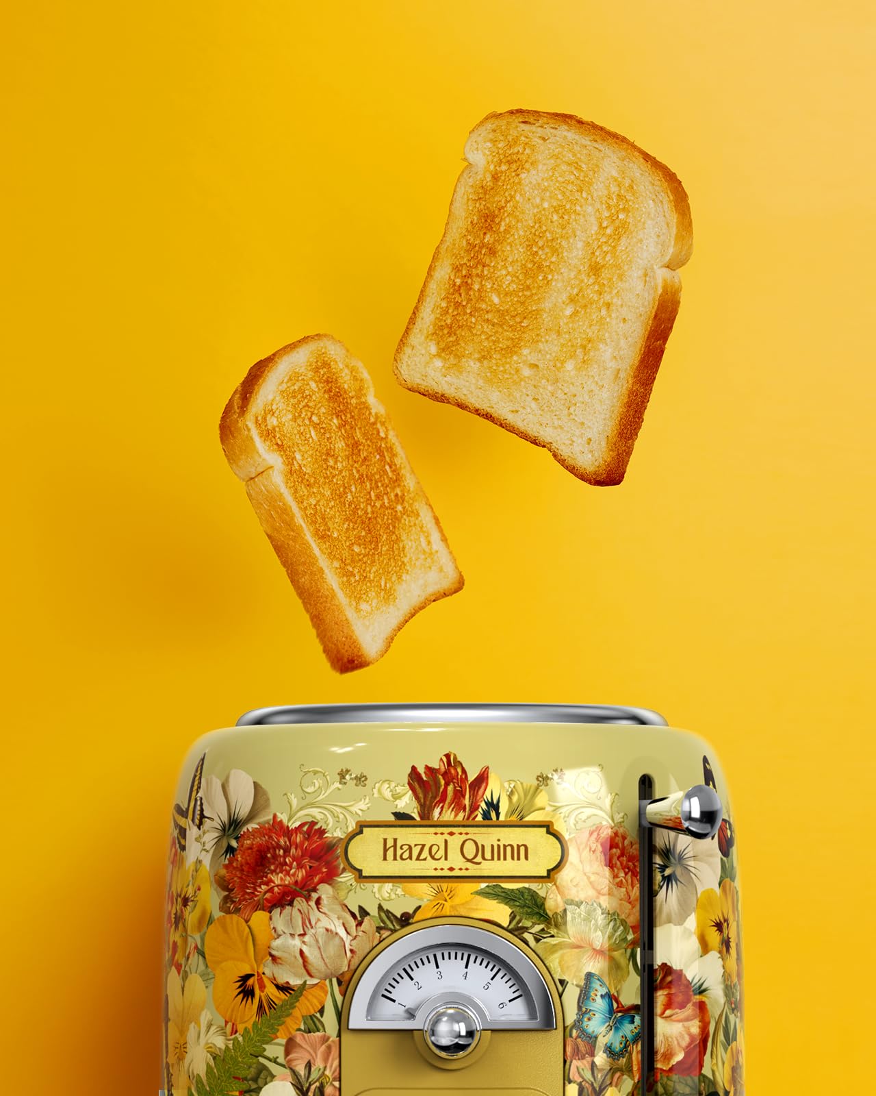 Hazel Quinn X Eduardo Recife Collaboration 2-Slice Retro Toaster, 6 Browning Levels, 3 Functions-Defrost/Reheat/Cancel, Removable Crumb Tray for Easy to Clean, 1.5 Inches Extra Wide Slots: Floral Printed Design