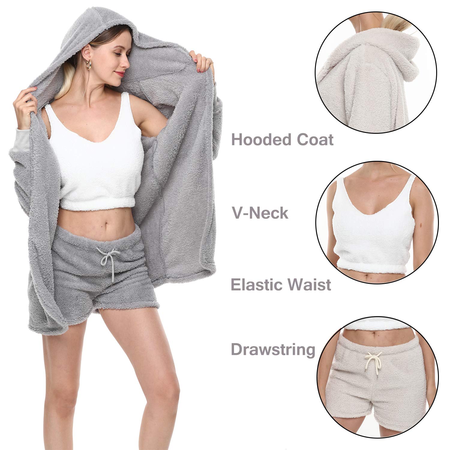 VNVNE Womens Sexy Fuzzy Warm Sherpa Fleece 3 Piece Outfit Fleece Coat Jacket Outwear and Spaghetti Strap Crop Top Shorts Set: Small Orange