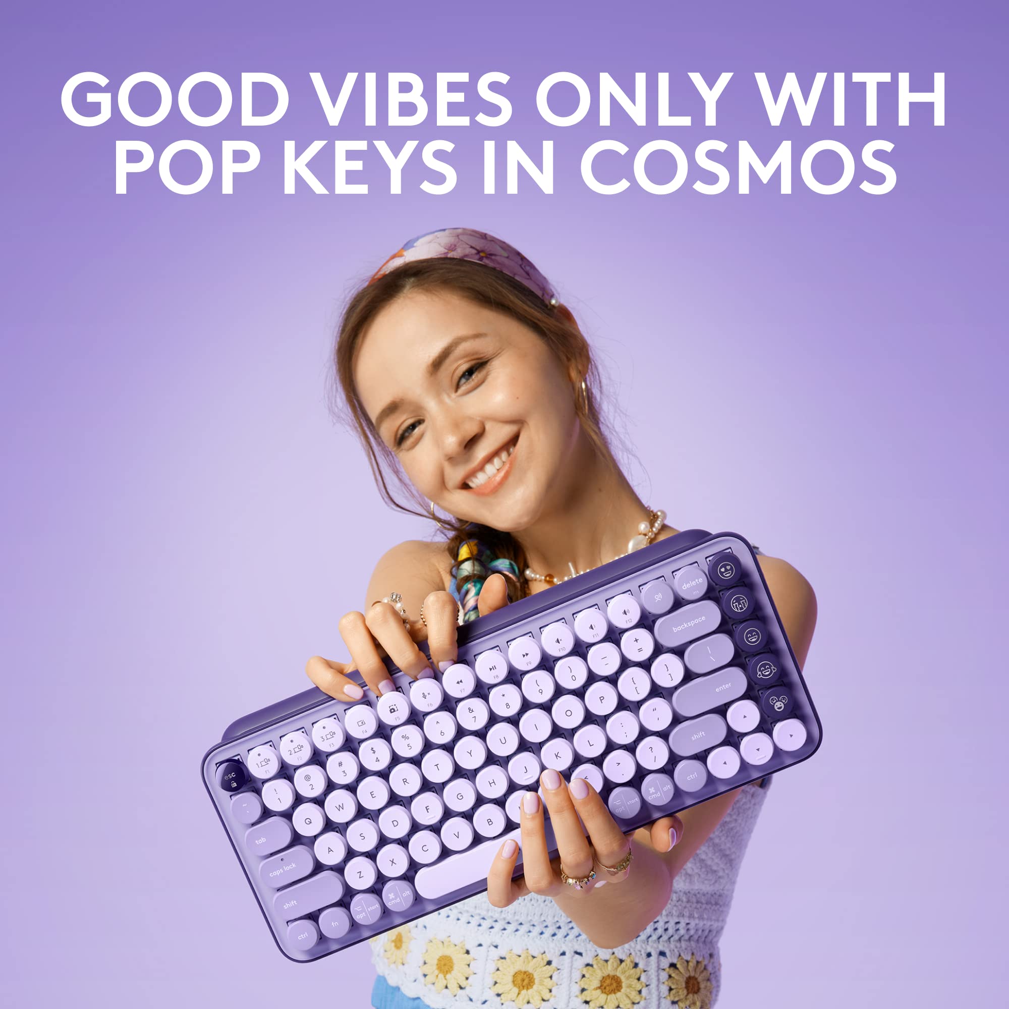 Logitech POP Keys Mechanical Wireless Keyboard with Customizable Emoji Keys, Durable Compact Design, Bluetooth or USB Connectivity, Multi-Device, OS Compatible - Cosmos: Cosmos POP Keys