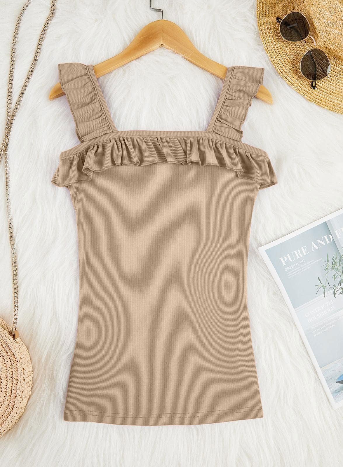 Womens Cute Sleeveless Tank Tops Ruffle Strap Square Neck Blouse Solid Color Knitted Camisole