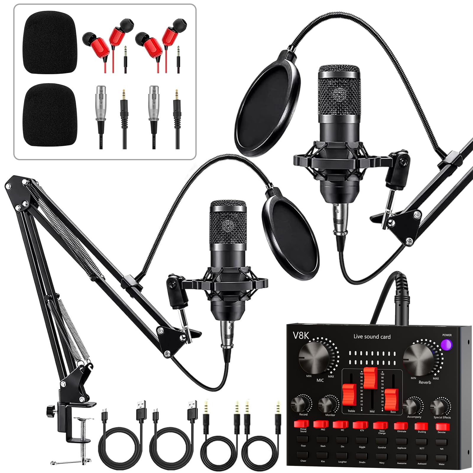 Brvomussy Podcast Equipment Bundle for 2, Audio Interface with Voice Changer Condenser Microphone for Gamer, All-in-One Audio Mixer Perfect for Live Streaming, Singing, YouTube, Gaming