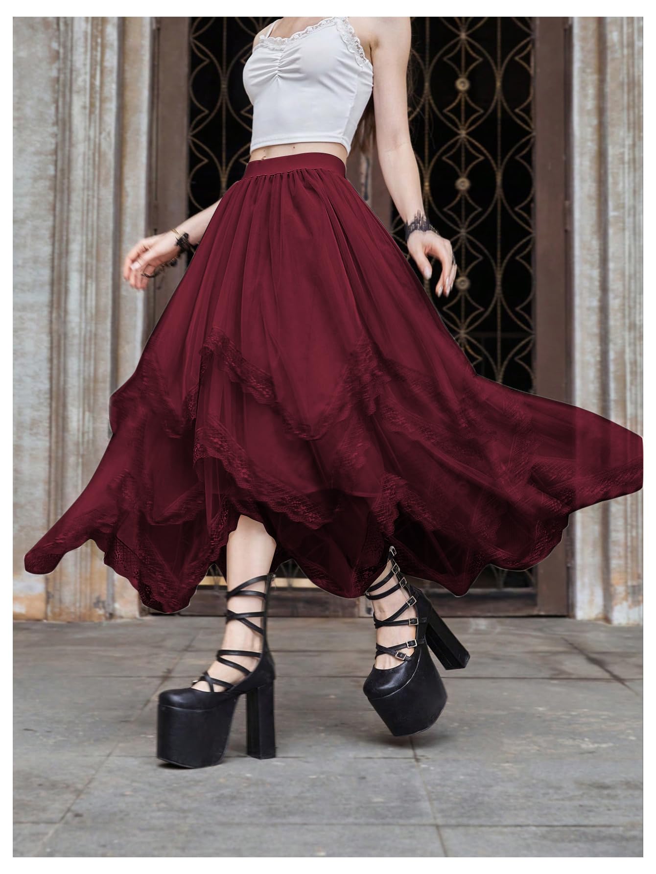 SHENHE Women's Lace Trim Layered Mesh Tulle Skirt High Waist Asymmetrical Long Goth Skirt