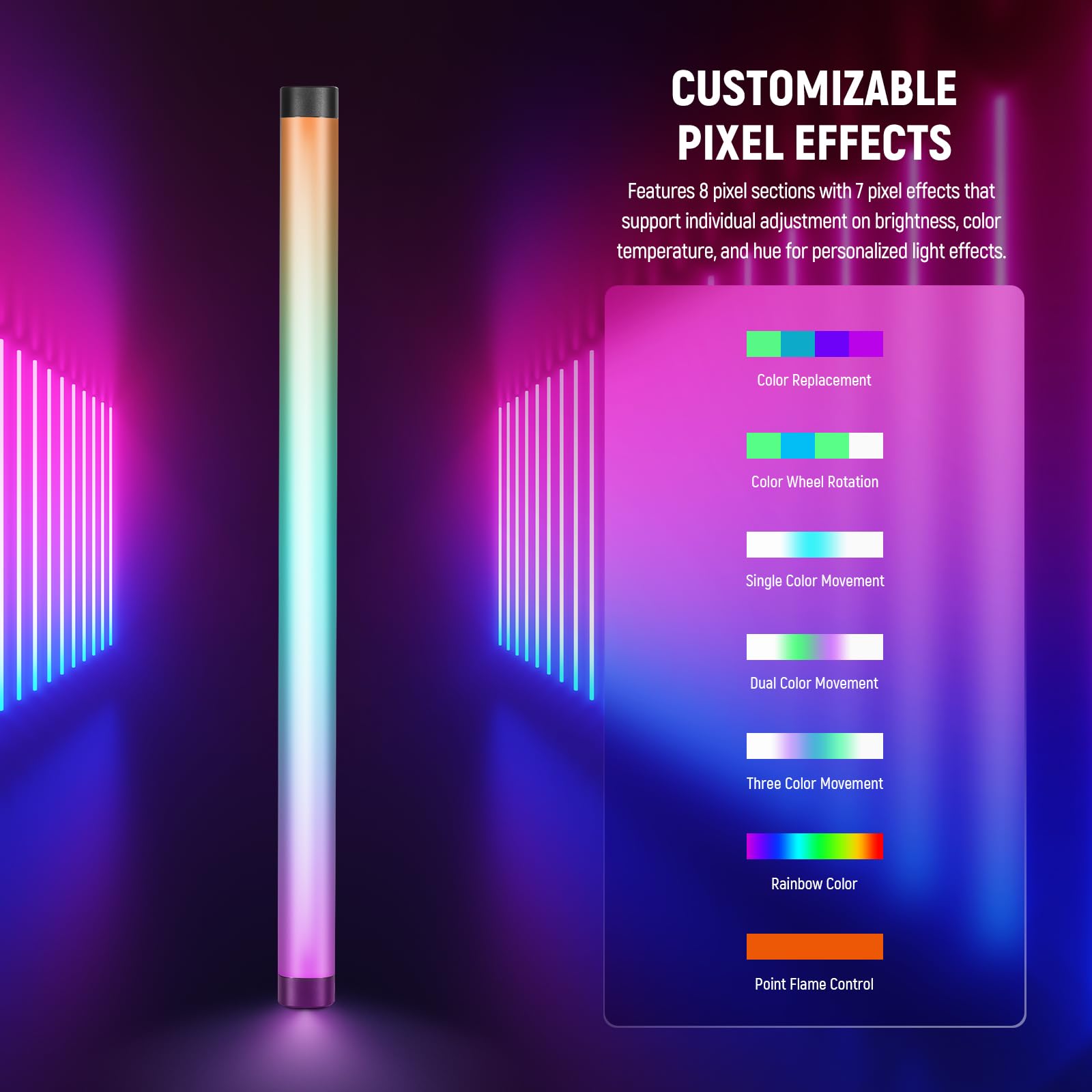 NEEWER TL60 RGB Tube Light, 20W Full Color RGBWW LED Video Lighting Wand Stick for Studio Photography Recording Streaming, APP/2.4G/DMX Control, 7 Pixel Effects 18 Scenes, 2500-10000K CRI97+ TLCI98+: 20W with 3000mAh Battery