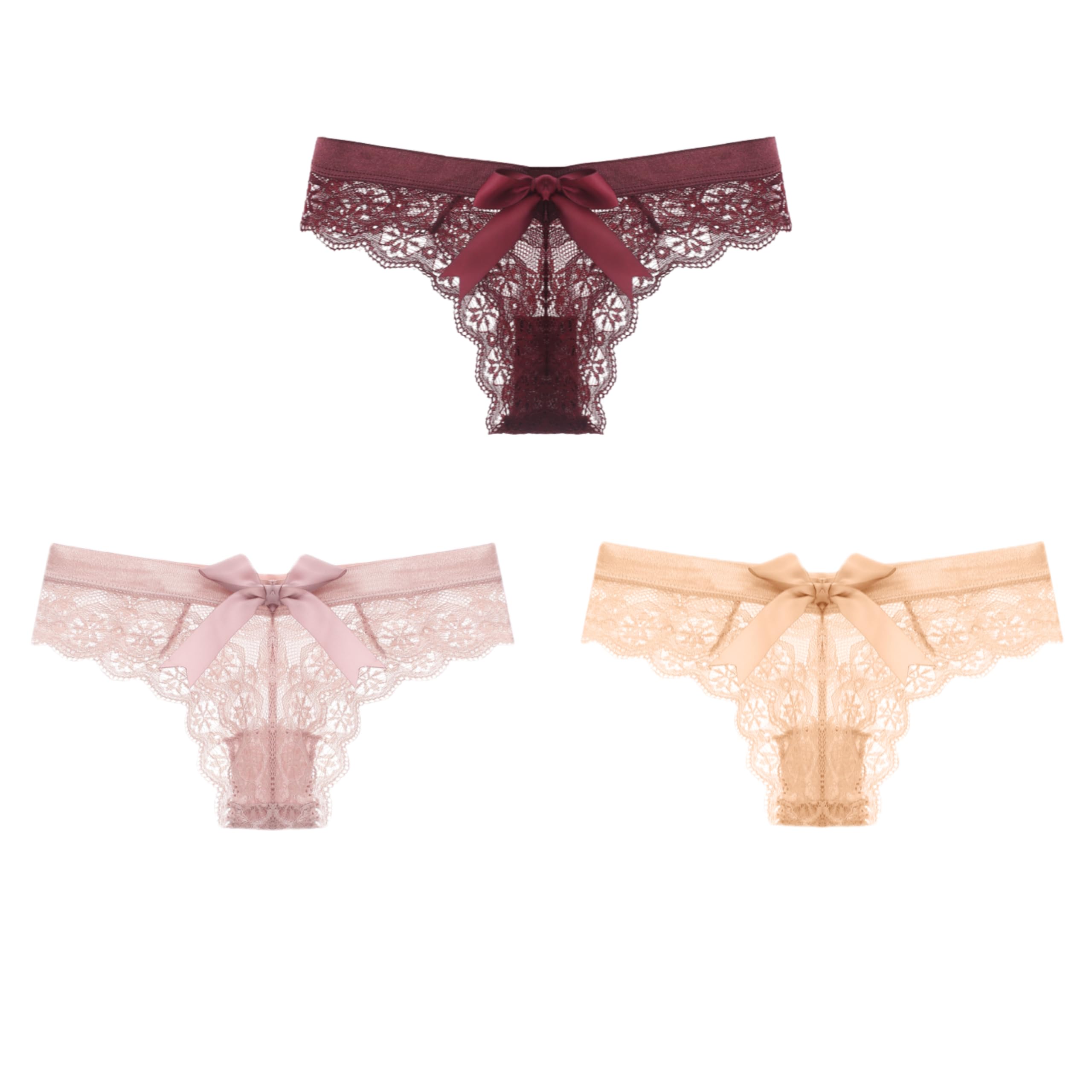 KUAOPATA Women's Lace Bow Thongs T Back Low Waist Breathable Panties Sexy Seamless V-Shape Design Floral Lace tangas: X-Large Pink,nude,red