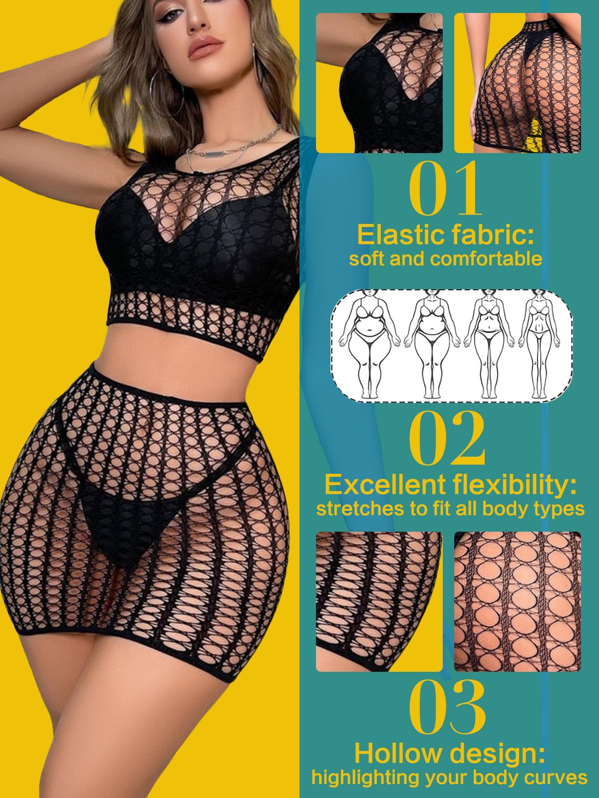 FasiCat Women's Mesh Lingerie Fishnet Babydoll Mini Dress Bodysuit See Through Shirts Long Sleeves Lingerie Bodysuit Cover Up: Black1887