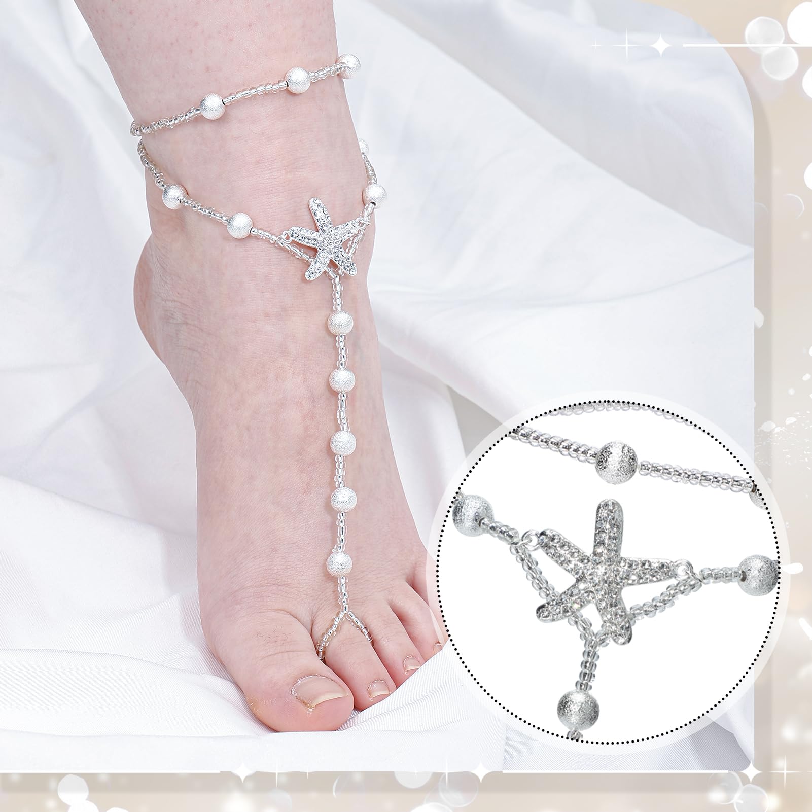 2 Pairs Barefoot Sandals- Beach Anklet Chain with Starfish for Women Lady's Beach Wedding Foot Jewelry Party Accessories: Beads,Chain,Simple