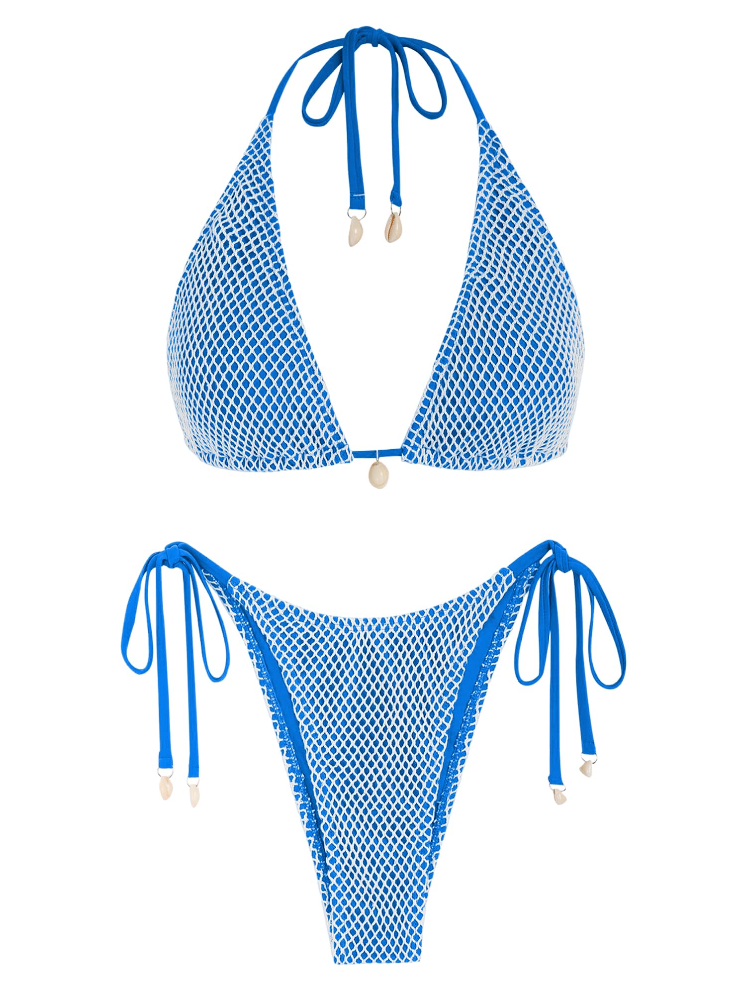 ZAFUL Women's Triangle Bikini Multiway Fishnet Tie Side Bandeau Halter String Bikini Set Two Piece Swimsuit Bathing Suits: 1-blue167 Medium