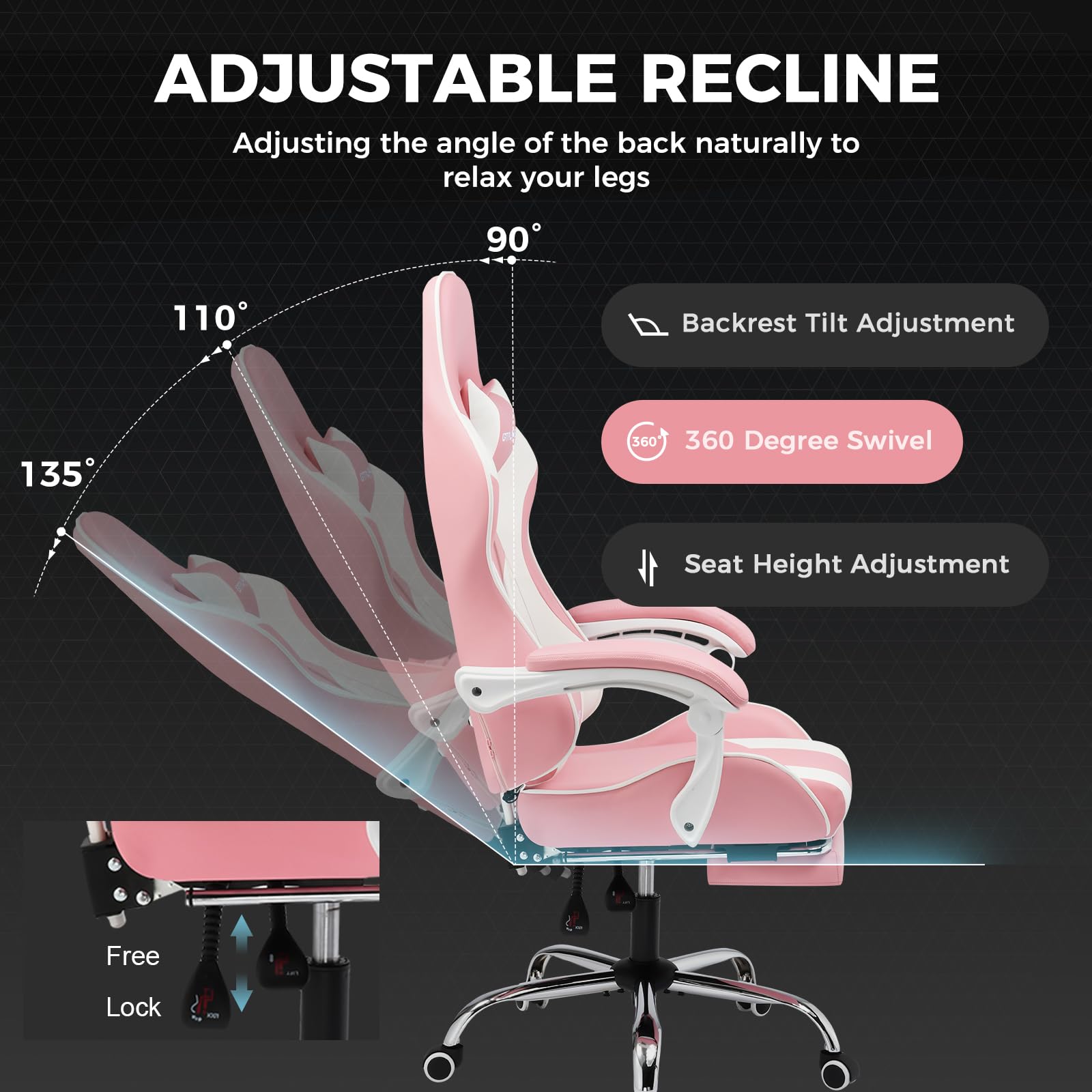 GTPLAYER Gaming Chair, Computer Chair with Footrest and Lumbar Support, Height Adjustable Game Chair with 360°-Swivel Seat and Headrest and for Office or Gaming (Faux Leather, )