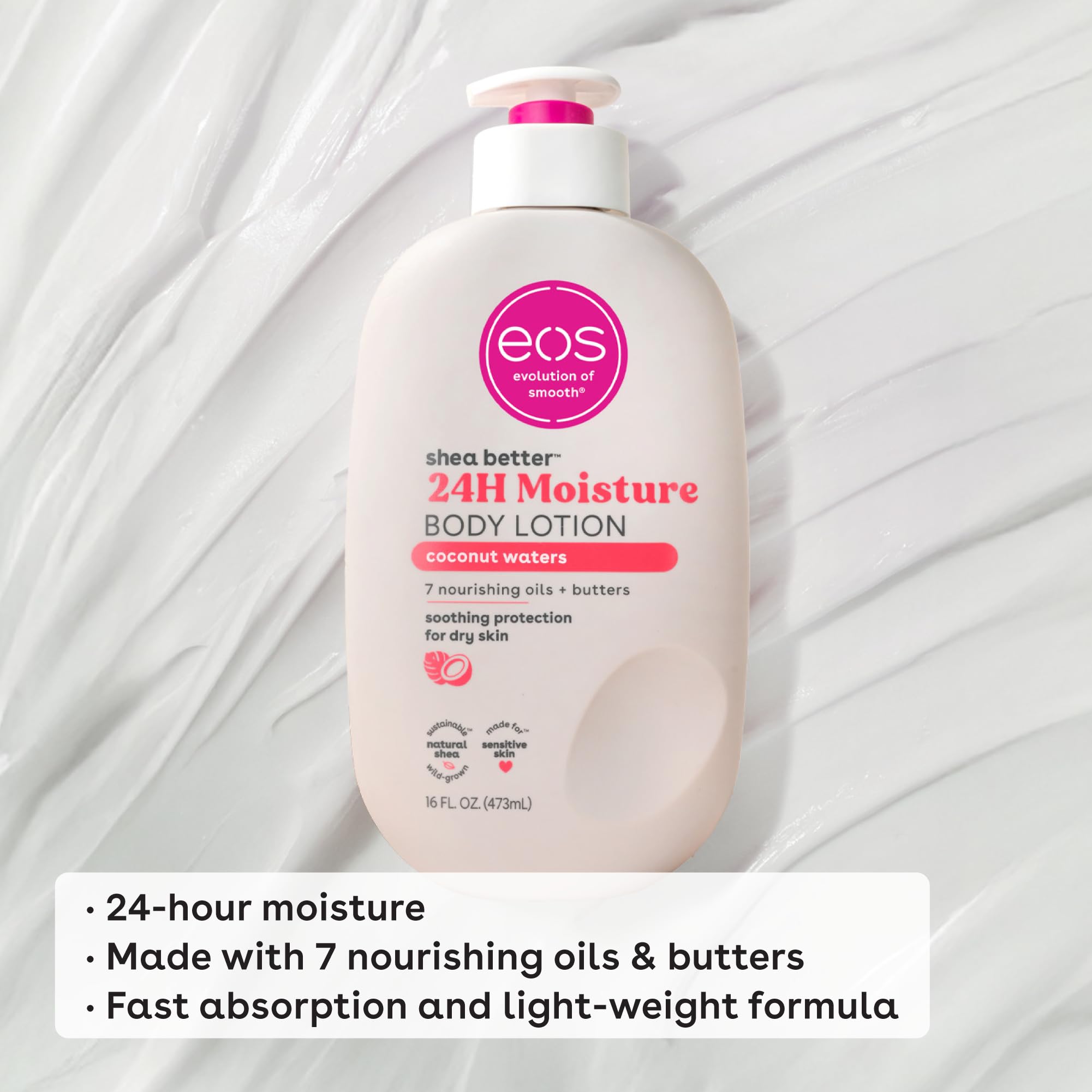 eos Shea Better Body Lotion- Pomegranate Raspberry, 24-Hour Moisture Skin Care, Lightweight & Non-Greasy, Made with Natural Shea, Vegan, 16 fl oz: Coconut Waters 16 Fl Oz (Pack of 1)