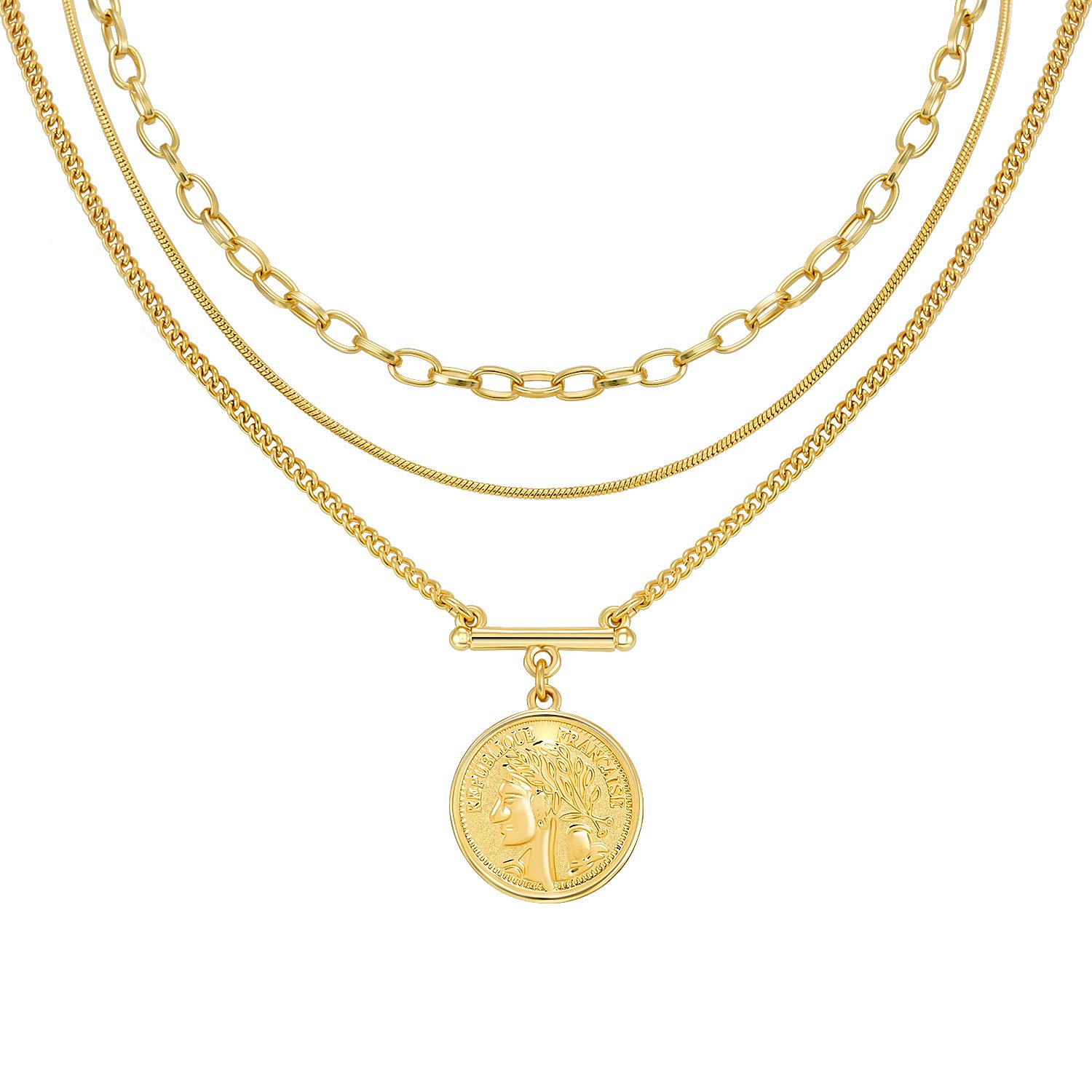 LANE WOODS Gold Layered Necklaces for Women Girls Dainty Layering Coin Lock Eye Snake Pendant Jewelry Gifts