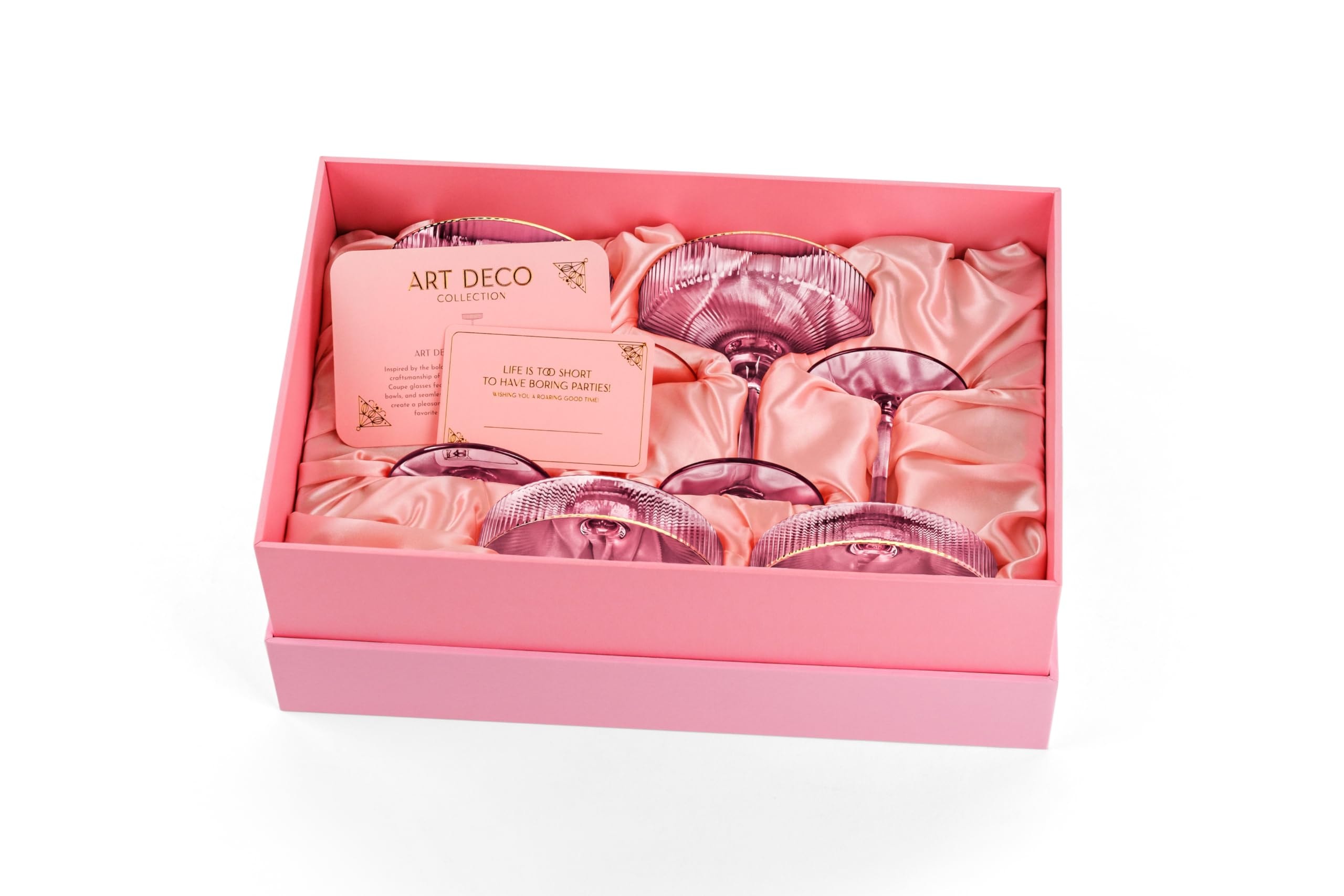GLASSIQUE CADEAU Vintage Art Deco Blush Pink Coupe Glasses with Gold Rims | Set of 4 | 7 oz Crystal Ribbed Cocktail Glassware for Drinking Champagne, Martini, Cosmopolitan | Girly Speakeasy Saucers - Image 8
