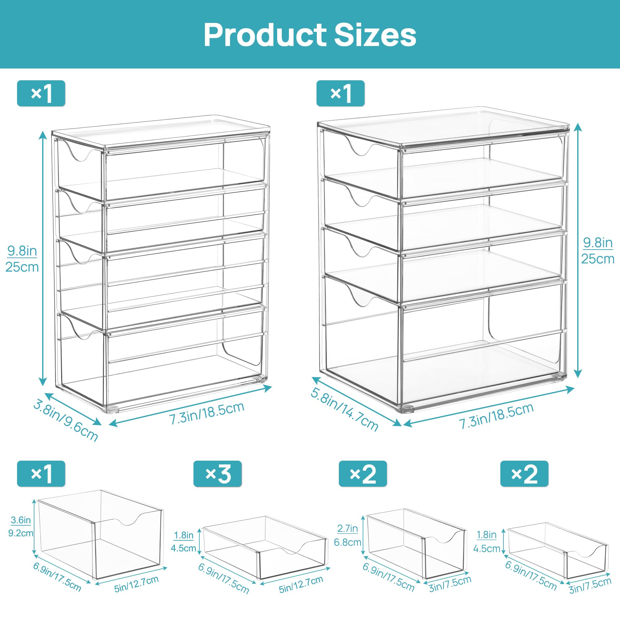 Vtopmart Acrylic Organizer with 16 Drawers (4 Set),Clear Storage Drawers for Office Supplies,Desk Organization and Storage for Makeup,Jewelry,Art Crafts