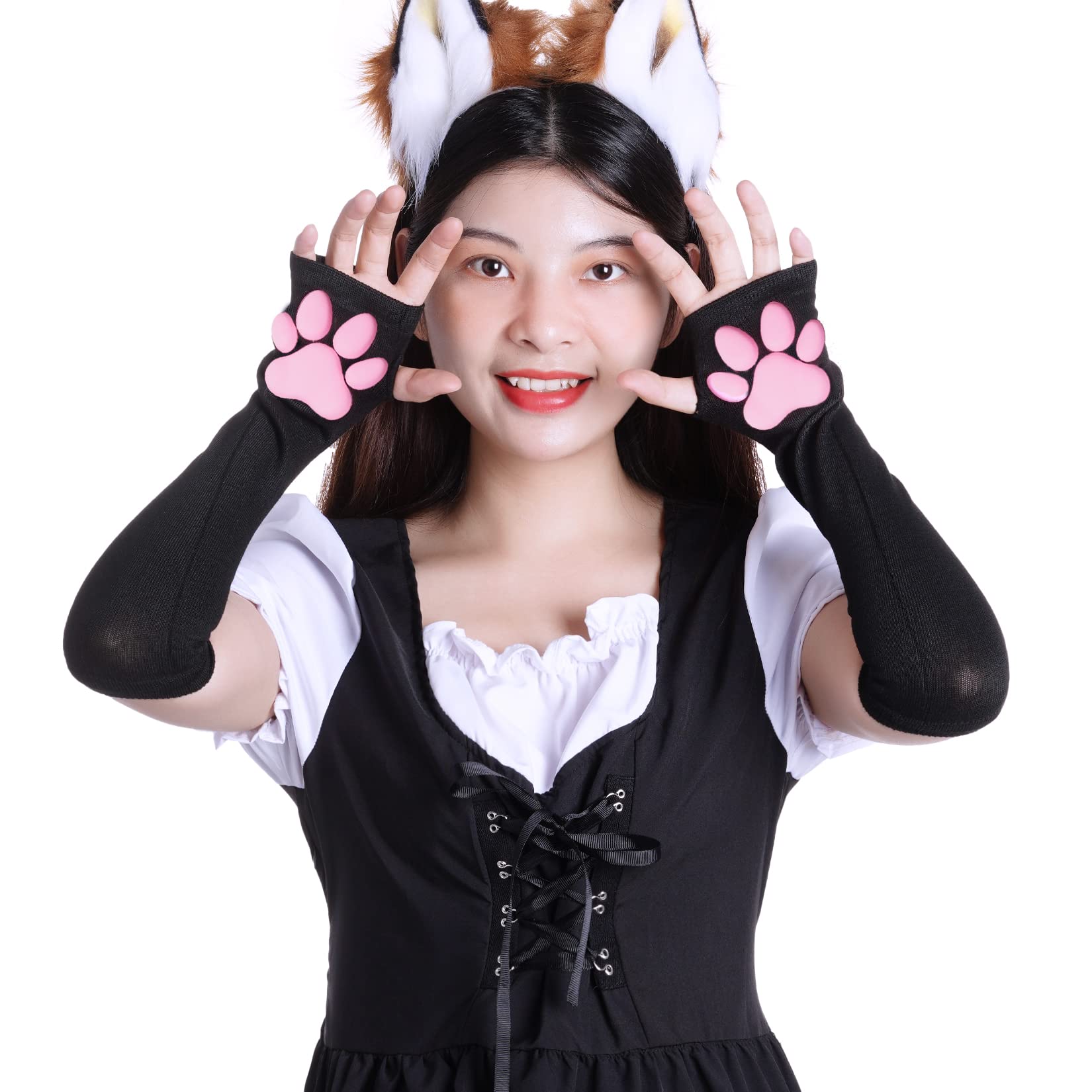 Nydotd Cat Paw Pad Mittens Gloves Kawaii Pink 3D Claw Fingerless Cute Cat Cosplay Gloves Sleeve for Girls Party: Black Long