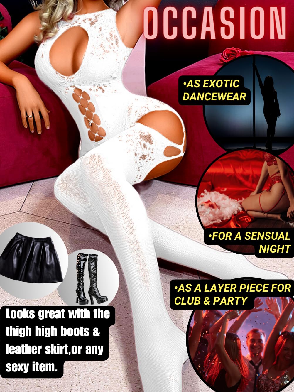 EHSUYAB Women Body Stockings Sexy, Exotic Dancer Fishnets Lingerie Glow Party, Fishnet Bodysuit Rave Outfits Club Plus Size: White