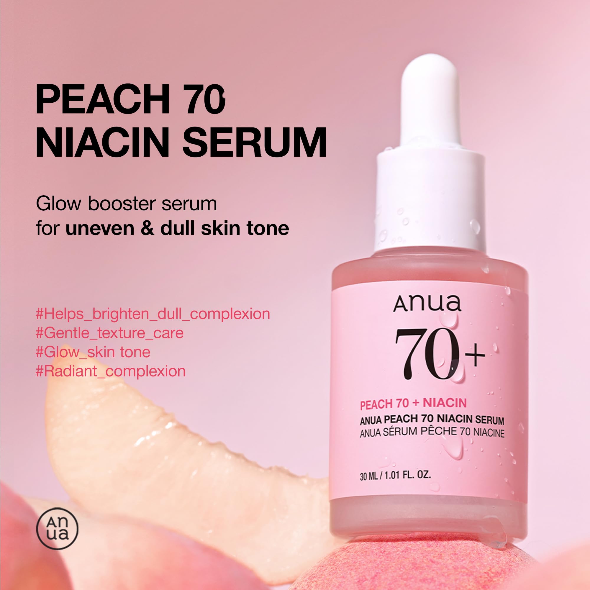 Anua Pink Serum Duo for Korean Glass Skin:10% Niacinamide + 4% Tranexamic Acid Serum & Peach 70 Niacinamide Serum for Dull Skin, Skin Barrier, Fragrance-Free, Korean Skincare