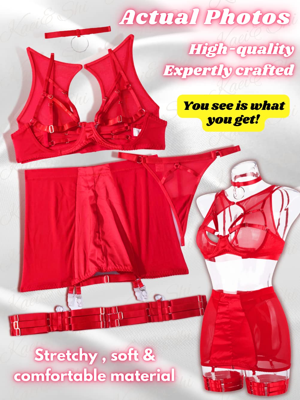 Kaei&Shi Garter Lingerie for Women, Strappy High Waisted Skirt G String 4 Piece Sexy Exotic Lingerie Outfits Set Boudoir