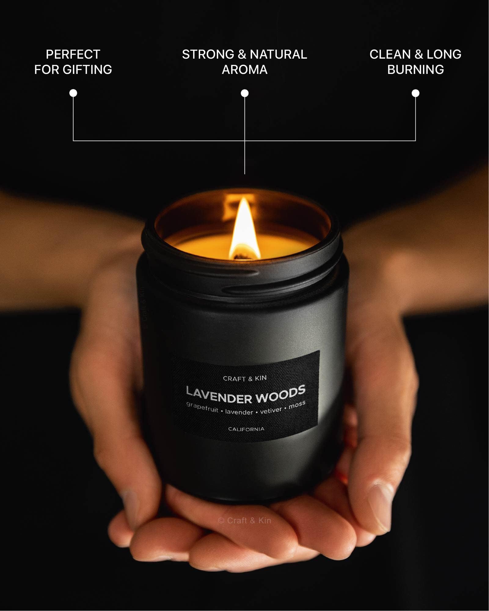 Craft & Kin Premium Lavender Woods Candle | Black Spring Scented Candles for Men | Long Lasting with 45 Hour Burn Time, 7.6oz | Made with Soy | Aromatherapy at Home | Gifts for Men